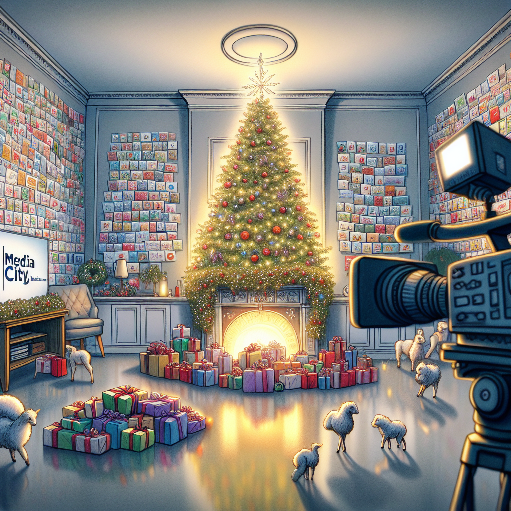 The scene in the illustration is set in Media City, Manchester, where design Christmas cards adorn a mantelpiece above a fireplace. The room is filled with holiday cheer, featuring a resplendent Christmas tree and a pile of carefully wrapped presents. TV cameras capture the festive moment, and reindeer playfully prance in the scene.
Generated with these themes: Christmas cards on a line above a fireplace in media city, Christmas tree, Manchester, Presents, Tv cameras, and Reindeer.
Made with ❤️ by AI.