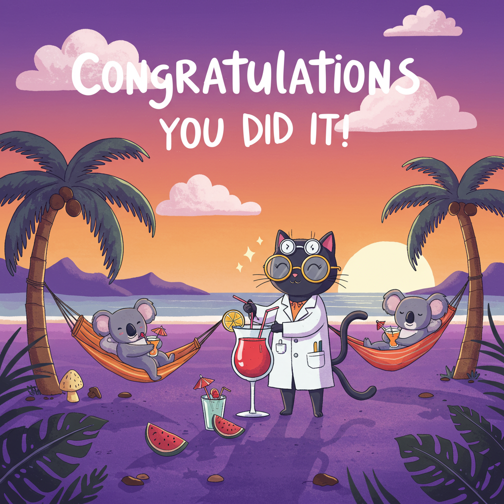 Dr Cat, female and black, Koalas, Purple, Cocktails, and Congratulations Card