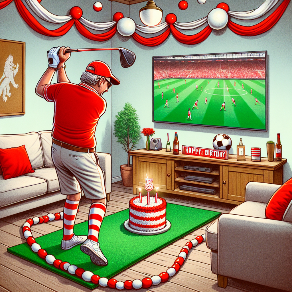 Create a pleasing image of a birthday celebration setting in a cozy living room, with adornments related to a generic football club, predominantly in red and white. The main figure, dressed in golf attire, humorously swings a club at a tee-off pad that's designed like a birthday cake. The mounted television in the vicinity displays a football match, but the sound is muted to maintain the calmness within the room. Red and white streamers drape around the borders of the frame, echoing the colors of the football club. A comfortable couch in the space signifies an offer to recline and enjoy some television post the fun-filled indoor golf activity.
Generated with these themes: Golf, Liverpool football club, and Watching TV.
Made with ❤️ by AI.