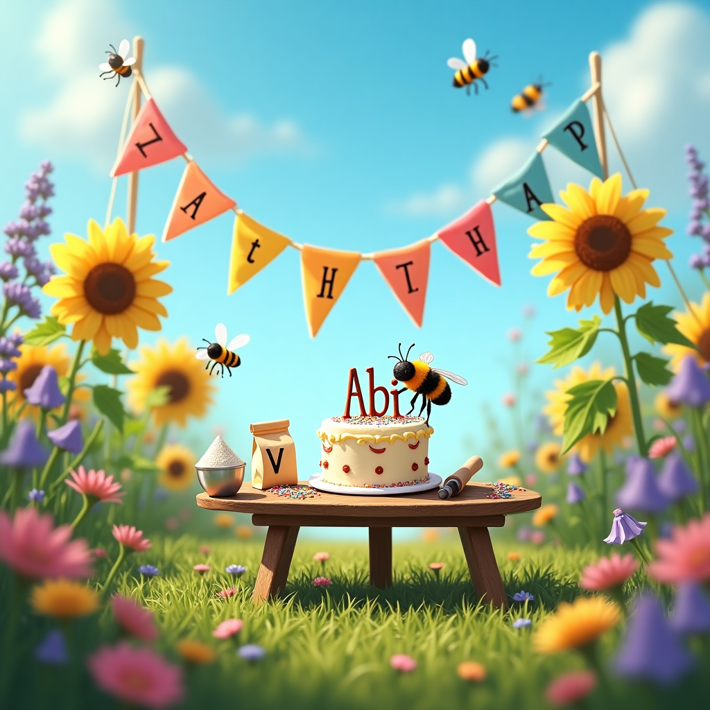 The scene is set in a sunny, lush garden where a tiny, industrious bee is busy baking a birthday cake. The garden is bursting with vibrant colors; the grass is a rich emerald green and dotted with small wildflowers in shades of pink, purple, and yellow. In the background, tall sunflowers stand proudly, their golden petals glowing under the warm sun. 

Front and center, the bee, intricately detailed with fine, lifelike stripes of black and amber, is perched atop a petite wooden table. The table, rustic with a weathered charm, is laden with baking paraphernalia. Tiny bags of flour and sugar are tipped slightly, as if mid-use, with a faint dusting of flour on the tabletop. A small mixing bowl, gleaming metallic, sits alongside a miniature rolling pin.

The cake itself, half-decorated, stands on a little cake stand. It’s a two-tiered wonder, with creamy white frosting expertly applied by the bee’s tiny legs, the initials “IV” piped in elegant chocolate script on the top tier. Nearby, a piping bag and a collection of multicolored sprinkles lie in wait, ready to add the final touches.

Suspended between two sturdy daisy stems, a bright bunting banner flutters lightly in the breeze. Its flags are crafted from petals in shades of pink and blue, and at its center, the name "Abi" is artistically painted in bold, cheerful letters.

Above, the sky is a clear azure blue, with a few wispy clouds painted in gentle strokes. A few more bees flit around, their wings catching the sunlight as they hover over a nearby patch of lavender.

This scene captures a whimsical moment frozen in time, where nature and celebration meet in vibrant harmony.
Generated with these themes: a small bee baking cake for her with initials IV.
Made with ❤️ by AI.