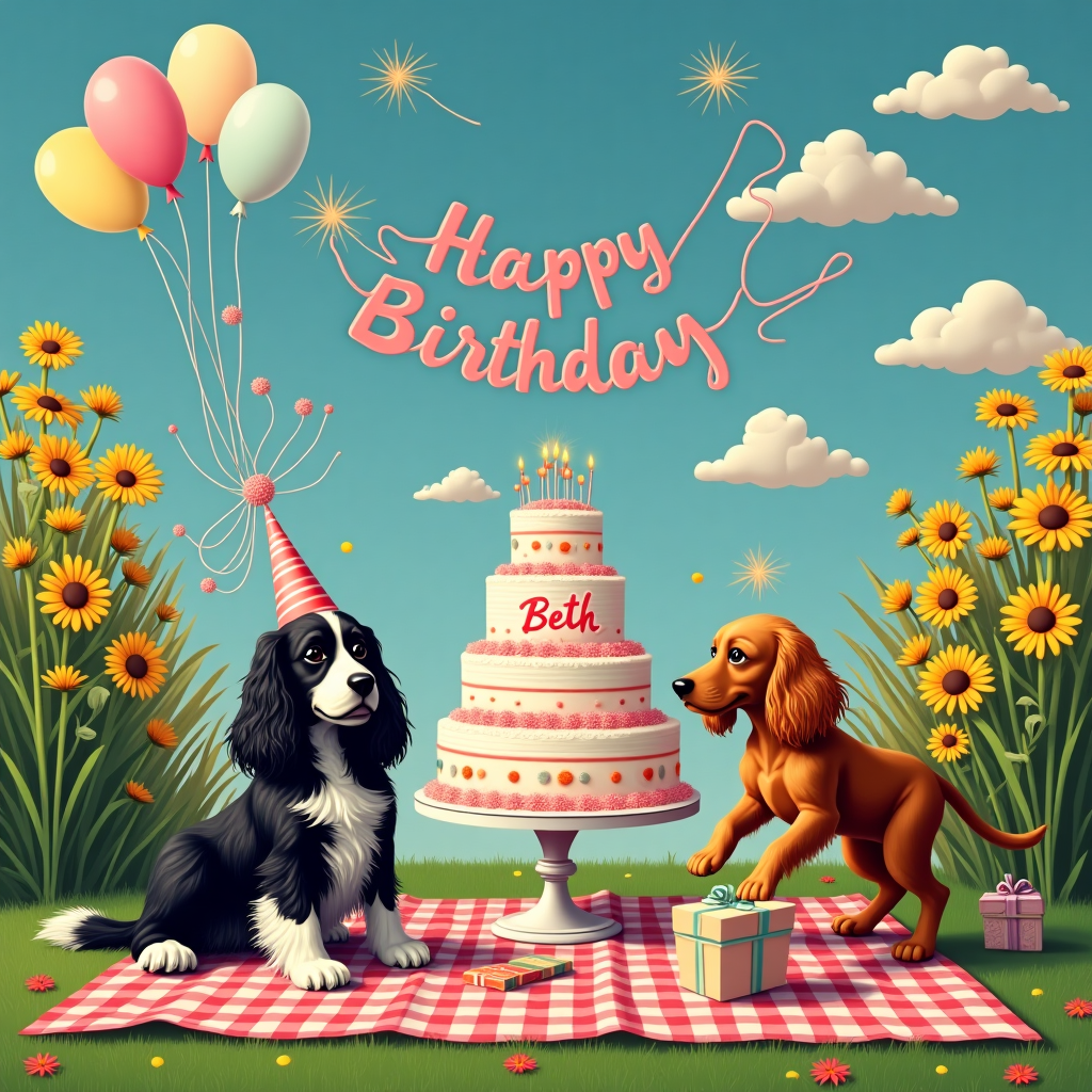 The scene unfolds in a charmingly chaotic birthday garden party. At the center of the scene, a black and white cocker spaniel sits proudly atop a checkered picnic blanket, with an expression of poised serenity as she holds a small party hat delicately balanced on her head. Her elegant demeanor is a stark contrast to the antics happening around her. Nearby, a golden cocker spaniel whizzes past, a blur of playful mischief. This pup has somehow managed to tangle herself in colorful streamers, trailing them like a comet’s tail. Her gleeful sprint has upset a stack of gift boxes, which now tumble delightfully to the ground, their pastel wrappings unfurling to reveal glimpses of surprise inside. Above them, a giant birthday cake sits on a decorative table, adorned with whimsical icing swirls and topped with a cascade of sparklers that light up the scene. Here, in bright, cheerful icing, is written the name “Beth” across the cake's tiered layers, making it clear whose special day is being celebrated. The garden itself is lush with towering sunflowers and lively daisies, adding bursts of color. A string of balloons shaped like clouds floats in the background, gently swaying in the breeze. Among these balloon-clouds, the words “Happy Birthday” are creatively inscribed, further embedding the name "Beth" in the sky with clever, floating letters. The entire tableau is set under a broad, blue sky, taking inspiration from Maxfield Parrish's dream-like atmospheres, with the dogs’ expressions akin to Quentin Blake’s whimsical characters. The scene is a vibrant mix of structured elegance and delightful disorder, celebrating the unique personalities of both dogs and the joyous occasion.
Generated with these themes: Black and white cocker spaniel being a very good girl, and Golden cocker spaniel being silly and causing chaos.
Made with ❤️ by AI.