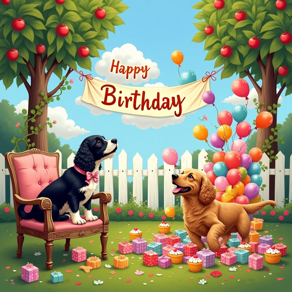 The front cover of the birthday card unfolds a vibrant and whimsical garden party scene, where two cocker spaniels take center stage amidst a plethora of delightful chaos. In the foreground, the black and white cocker spaniel sits gracefully on a quaint wicker chair, adorned with a pastel pink bow around her neck. She's a picture of serenity, with her head slightly tilted, watching the antics unfold with amused patience. Her soft fur is drawn with delicate strokes, a nod to the meticulous detailing of Arthur Rackham. Scattered around her are unopened gifts wrapped in playful polka-dot paper, hinting at her well-behaved nature as she guards them.

In stark contrast, the golden cocker spaniel is a whirlwind of energy, depicted mid-leap through a cascading pile of vibrant birthday balloons that rise toward the sky in a flurry of reds, blues, and yellows. The artist channels the mischievous spirit of Quentin Blake, capturing the dog's boundless enthusiasm and gleeful expression as he knocks over a cake stand, sending cupcakes flying in all directions. Icing splatters onto the grass, adding an additional splash of color and chaos to the scene.

In the background, a large banner strung between two apple trees proudly reads "Happy Birthday Beth!" in playful, hand-lettered script. The letters are adorned with small floral motifs, reminiscent of Beatrix Potter's charming illustrations. Nearby, a quaint picket fence lines the garden, with climbing roses and ivy weaving through its slats, alluding to the enchanting, detailed landscapes of Maxfield Parrish.

Above, fluffy clouds drift lazily in the sky, and the name "Beth" is whimsically etched into one of the clouds, blending subtly with the azure sky as if crafted from the very vapors themselves. This nod to Norman Rockwell’s storytelling through setting completes the scene, ensuring that every element combines to tell a story as dynamic and engaging as the birthday itself.
Generated with these themes: Black and white cocker spaniel being a very good girl, and Golden cocker spaniel being silly and causing chaos.
Made with ❤️ by AI.