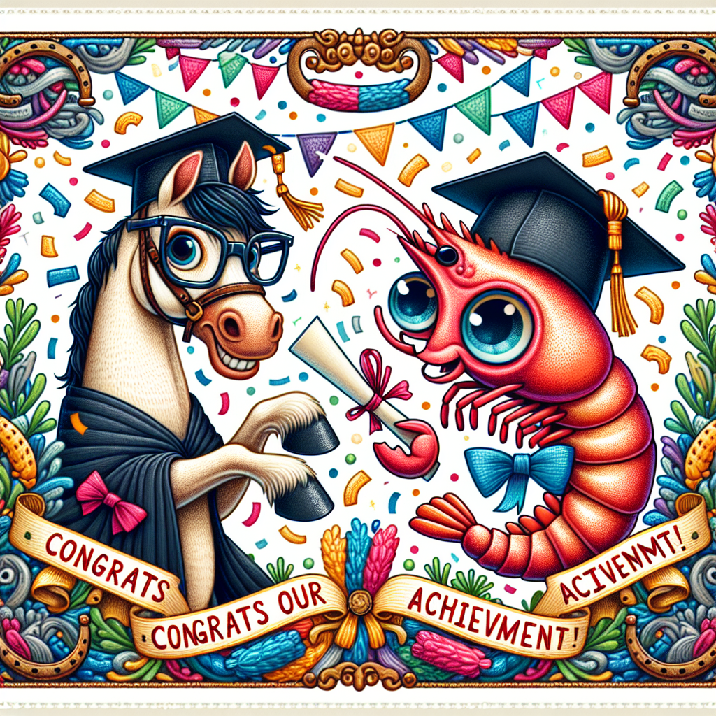 Generate a vibrant and lively illustration that features a horse and a shrimp. Both characters are adorned with graduation caps and large spectacle frames. The horse is humorously seen trying to keep a diploma steady on its hoof, whereas the shrimp sports a self-assured grin as it clutches a small award ribbon. They are triumphant in their expressions. An array of multicolored confetti showers upon them from above. Beneath their appendages, a banner unfurls bearing the message 'Congrats on Your Achievement!' This charming scenery is encapsulated within a border, ornately designed with motifs of horseshoes and shrimp silhouettes.
Generated with these themes: Horse, and Shrimp.
Made with ❤️ by AI.