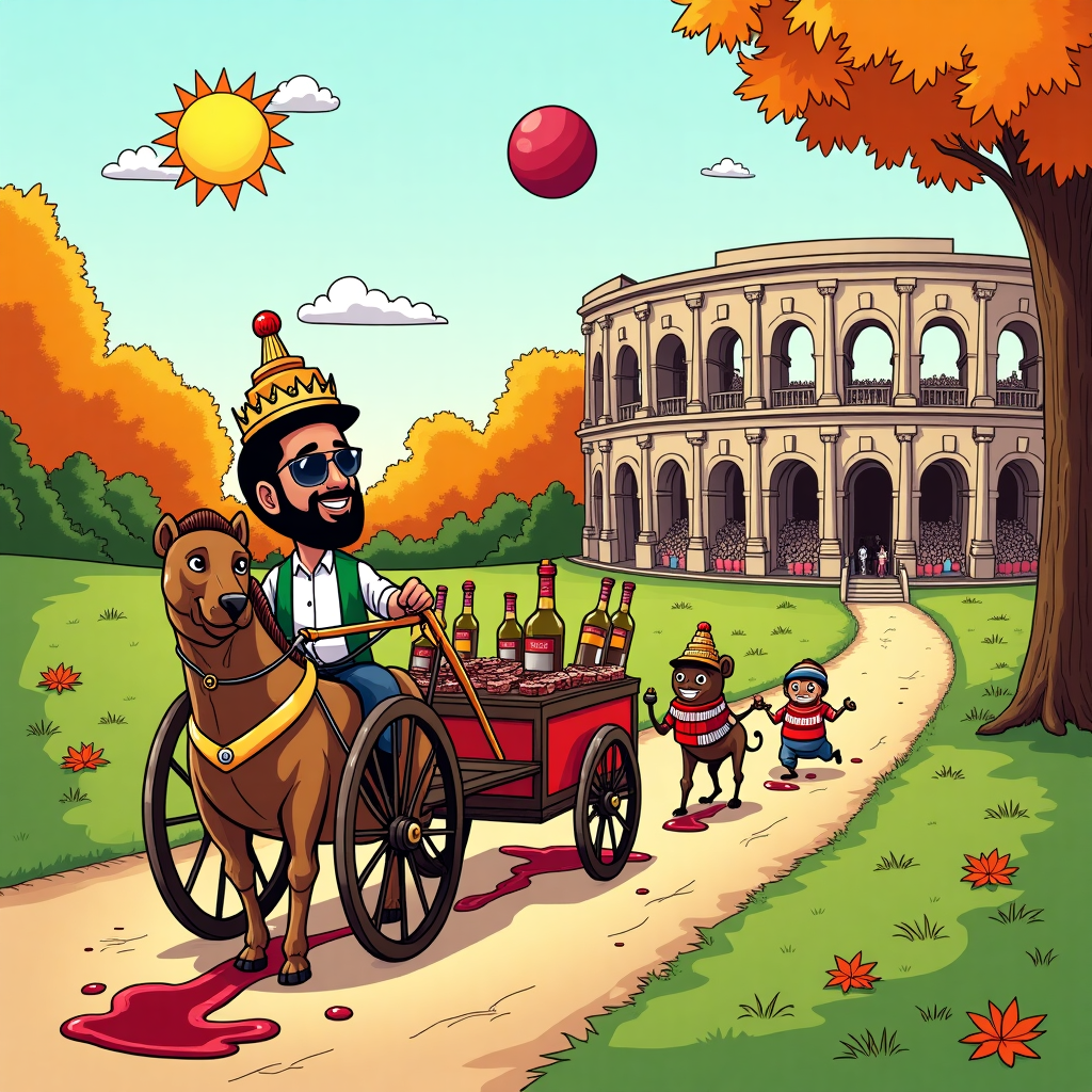 **Image Prompt:**

At the top of the illustration image: *“Tariq, have a Rome-ing Tequila Birthday (just don't forget where Platt Fields ends and Highgate begins!)”*

A whimsical, colorful cartoon-style scene combining all the chaotic joy of Tariq’s favorite places:

Foreground: Tariq—cartoon version with a birthday crown made of mini tequila bottles—is riding a Roman chariot... except the chariot is being pulled by two cheerful pub-goers (with tiny red lion tails) from the *Red Lion and Sun Pub* in Highgate. The chariot’s wheels are steaks on sizzling pans, trailing red wine spills instead of dust clouds.

Background: A surreal mashup landscape—Platt Fields Park in autumn, orange leaves swirling, and tucked behind a Roman coliseum hosting a tiny gig where Lauryn Hill (also illustrated, wearing shades and holding a mic in one hand, tequila in the other) performs to an audience of pigeons in Manchester United scarves.

In the sky: a party banner that loops across like airplane writing, reading *"From Fallowfield to Rome – this birthday’s a global bar crawl!”* And to top it off—on one side of the horizon is a sun shaped like a lime wedge, and on the other side a full red wine moon smiling mischievously.  

It’s ridiculous, boozy, stylish, and perfect for Tariq.
Generated with these themes: Platt field park fallow field Manchester , Rome, Tequila bar , Lauryn hill , Steak and red wine , and Red lion and son pub highgate .
Made with ❤️ by AI.