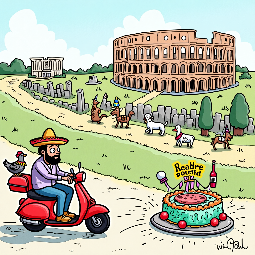 **Image Prompt:**

*At the top of the illustration image, the line reads: “Tariq’s Big Birthday Tour: From Fallowfield to the Forum!”*

Illustrate a chaotic, laugh-out-loud travel mashup scene: Tariq—drawn cartoon-style—rides a scooter with a sombrero-wearing pigeon in the passenger seat, whizzing past Manchester’s Platt Fields Park where Lauryn Hill is inexplicably giving a lakeside concert to squirrels wearing toga robes.

As he speeds into Rome, ancient ruins are hilariously repurposed into a buzzing tequila bar where a gladiator is doing a conga line with two llamas in party hats. In the distance, the iconic Red Lion and Sun pub in Highgate stands proudly atop the Colosseum, where Tariq is now devouring a giant, medium-rare steak and sipping red wine, serenaded by a choir of singing barmaids holding birthday balloons.

Add fun party details throughout: birthday bunting tangled in ancient columns, ducks in Platt Fields squabbling over nachos, and an over-sized birthday cake parked in the Trevi Fountain.

Keep the colors vibrant, the characters eccentric, and the vibe joyfully absurd.
Generated with these themes: Platt field park fallow field Manchester , Rome, Tequila bar , Lauryn hill , Steak and red wine , and Red lion and son pub highgate .
Made with ❤️ by AI.