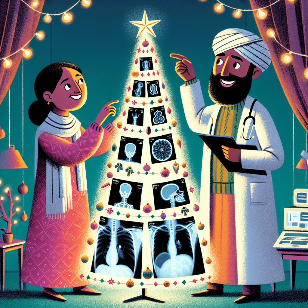 Drawing of a Christmas scene where a couple is singingly decorating an X-ray film shaped like a Christmas tree, hanging radiology themed ornaments.
Generated with these interests: Radiology , Singing , and Boyfriend and girlfriend .
Made with ❤️ by AI.