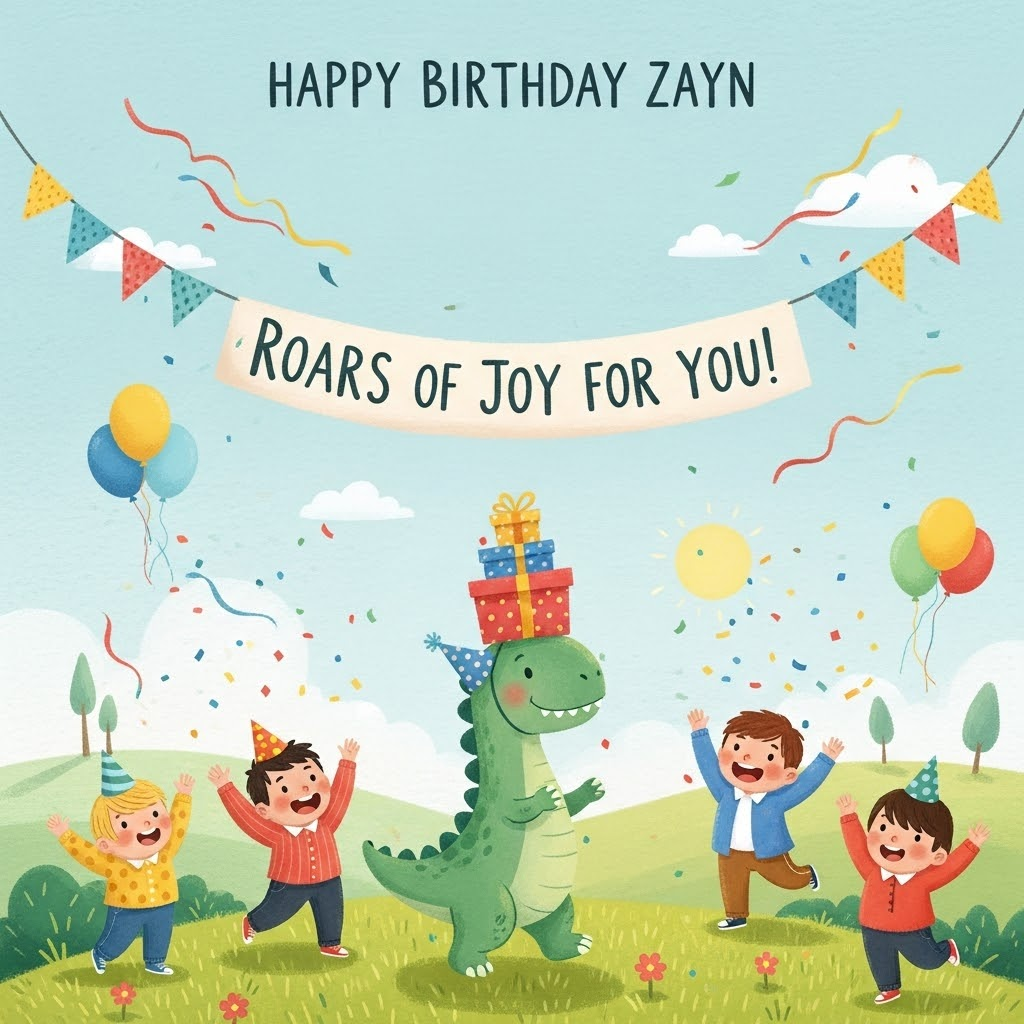 At the top of the Illustration Style image, the text reads: "Happy Birthday Zayn"

**Image Prompt:**

Create a delightful and whimsical illustration featuring a joyful dinosaur-themed birthday scene. In the center, a cheerful green dinosaur wearing a party hat is playfully balancing a stack of colorful presents. Around the dinosaur, there are playful dino boys in vibrant outfits, cheering and throwing confetti. A banner above them reads "Roars of Joy for You!" in playful, hand-drawn letters. The background is a sunny landscape with soft rolling hills, scattered balloons, and streamers fluttering in the breeze. The scene is infused with a warm and inviting color palette, using textured brush strokes and fine linework to add charm and detail.
Generated with these themes: Dinosaur , dino boy birthday, and .
Made with ❤️ by AI.