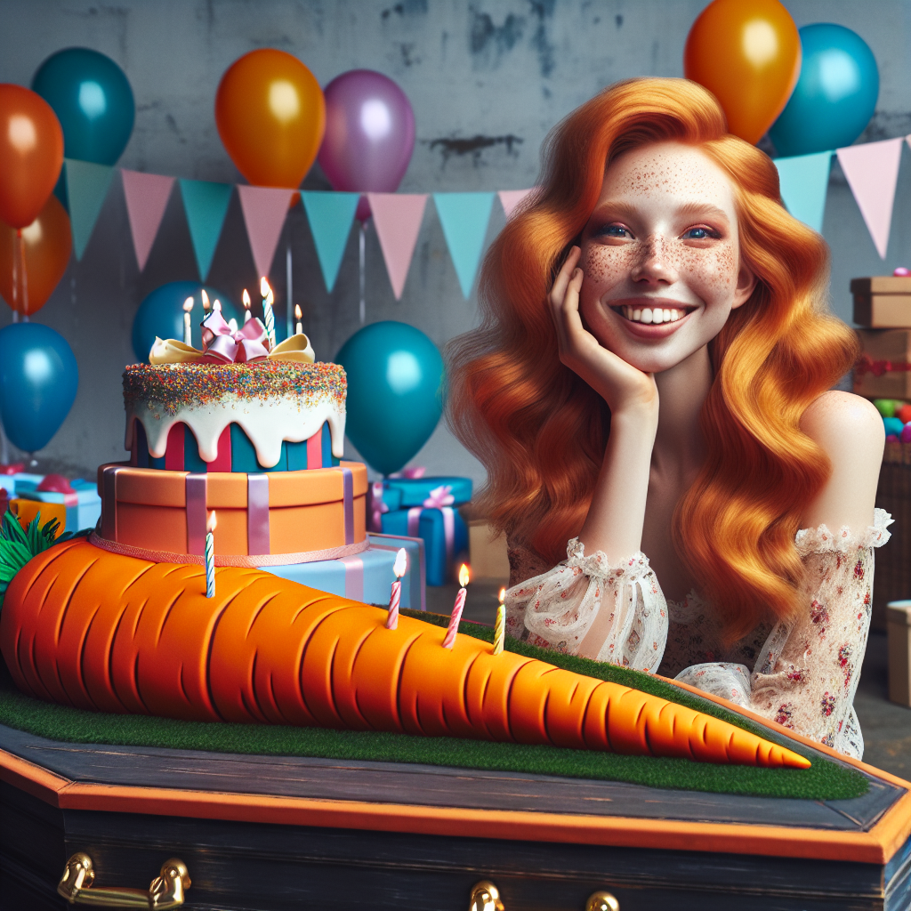 Imagine a charming scene themed out of a birthday party. It features a Caucasian girl with flaming ginger hair, freckles dotting her cheeks, and her broad smile radiates happiness. She is seated comfortably beside a large, creatively designed birthday cake in the shape of a carrot. The festive background is dotted with colorful balloons and streamers adding to the celebratory ambiance. In an eccentric twist, a whimsically designed coffin, devoid of any insinuations, has been repurposed as a quirky gift table, holding neatly wrapped presents.
Generated with these themes: Ginger girl , Carrot, and Coffin.
Made with ❤️ by AI.