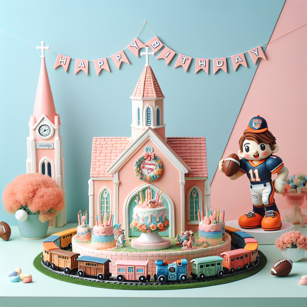 Create a heartwarming birthday scene featuring a pastel-hued backdrop. The centerpiece is a lovely depiction of a church, decorated with birthday festivity accessories. Flanking it is a quaint toy train set, circling around the base with seeming joy and accuracy. In the background, a playful caricature of an unidentified local football team's mascot is whimsically holding a football-shaped birthday cake, ingeniously integrating elements of local sports into the celebration.
Generated with these themes: Swindon town football club, Church , and Trains.
Made with ❤️ by AI.