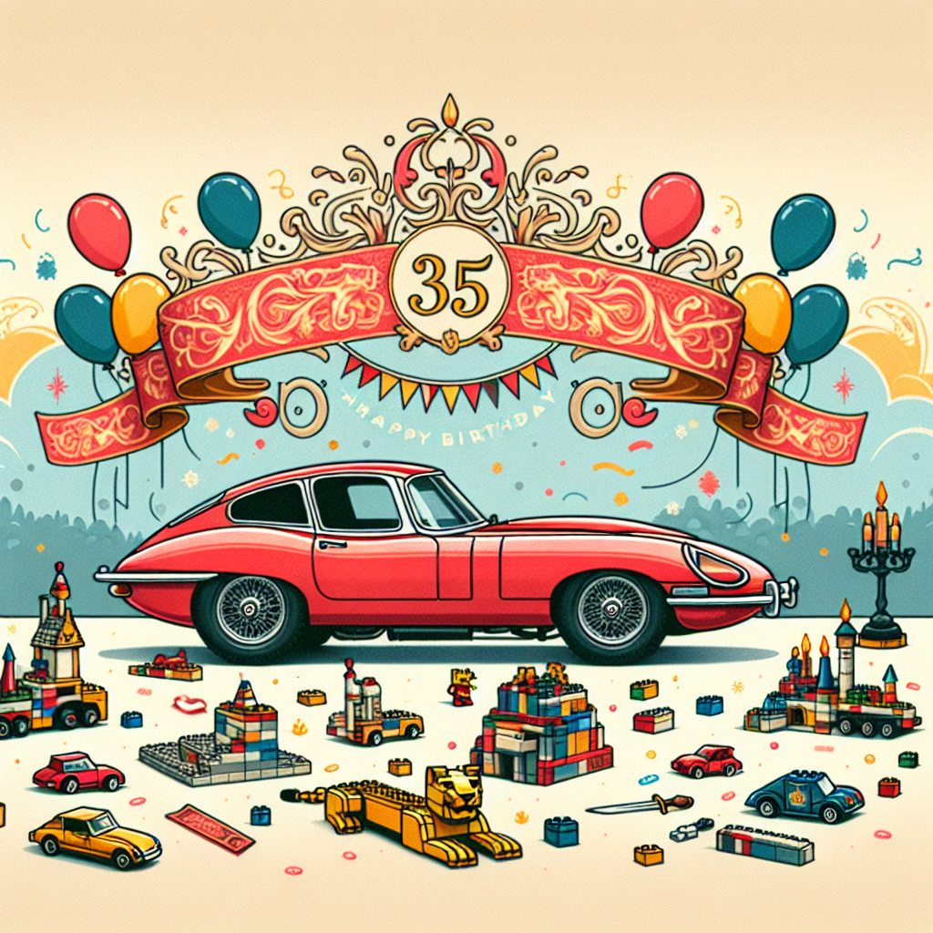 Create an image of a playful and nostalgic 35th birthday celebration. The center of the scene is a classic red E-Type Jaguar, amicably styled to resemble a storybook illustration with softened lines. Around the car, there are scattered Lego pieces, reflecting playful nostalgia. A decorative banner draws inspiration from a fantasy landscape, with designs that mimic ancient inscriptions, giving a subtle nod to epic tales of good and evil. The background color scheme is festive and fun, filled with balloons and streamers tying everything together.
Generated with these themes: Red E type jaguar, Lego, 35th Birthday Dean, and Lord of the rings .
Made with ❤️ by AI.