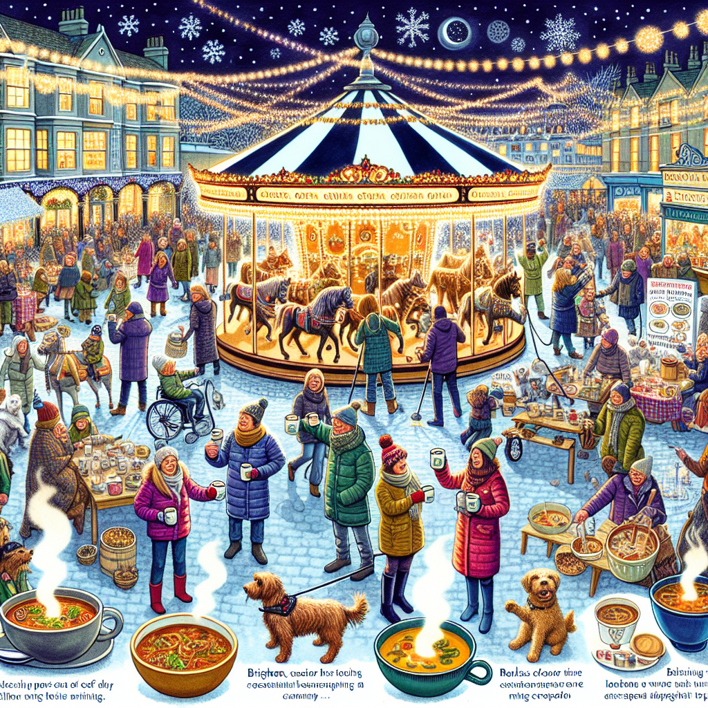 Picture a Brighton Christmas scene where the community gathers at a decorated square. There's a spirited curry cook-off, steaming beverages of wine and beer in handcrafted mugs, and a charming carousel of horses with holiday lights. Friendly dogs weave through the crowd, bringing smiles to the festive evening.
Generated with these themes: brighton wine beer curry horses dogs.
Made with ❤️ by AI.