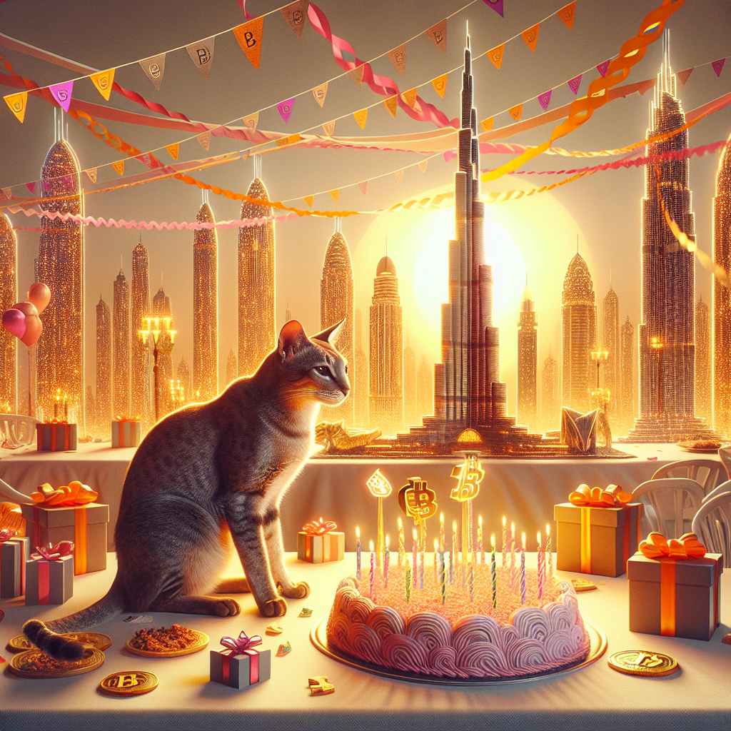 Create a warm, realistic image replicating the atmosphere of a birthday party. The centerpiece is an Egyptian Mau cat, with smooth coat, gleaming under the simulated sunset light of vibrant Dubai. The celebratory room is adorned with birthday streamers that imitate the fluid architecture of the city. Beside the cat, visualise a heap of gift boxes, they are wrapped in paper displaying Bitcoin symbols, a representation of the connection between customs and modernity. Arrange a birthday feast on a table with an impressive centerpiece depicting the form of the Burj Khalifa, subtly hinting at the grand poise of the cat and the city's magnificence.
Generated with these themes: Egyptian Mau cat, Dubai, and Bitcoin.
Made with ❤️ by AI.