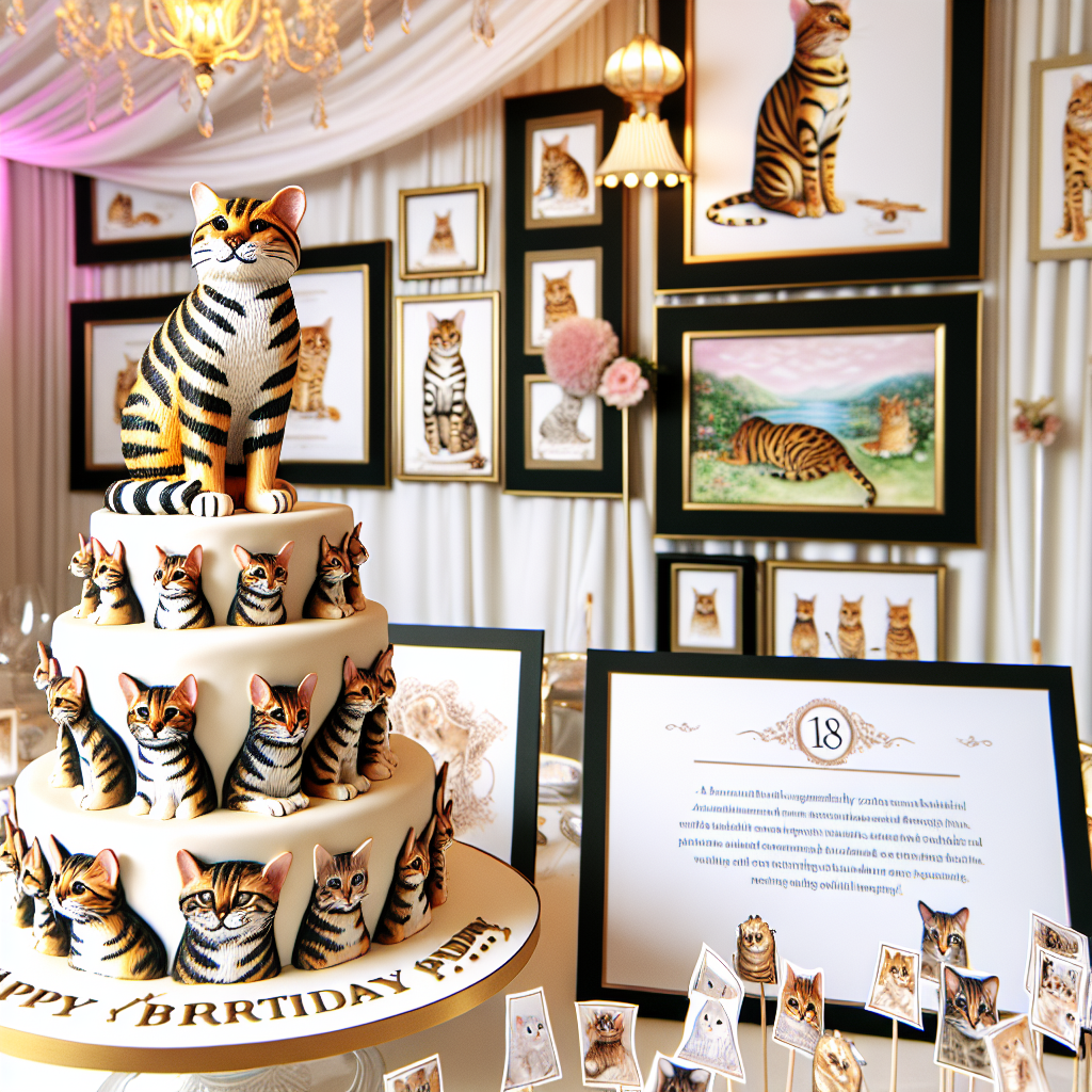 A party setup is illustrated, centered around the celebration of a birthday marked with delightful authenticity. The feature of the event is a meticulously designed birthday cake topped with Bengal cat figures finely crafted using sugar art. The Bengal cats display impressively detailed stripes. Artwork decor around the setting accentuates the elegance and allure of Bengal cats, contributing to the unifying theme. At this gathering, the attendees display creatively designed nail art representing miniature portraits of Bengal cats. This detail adds an additional dimension of coordinated charm to the event.
Generated with these themes: Bengal cats, art, nails .
Made with ❤️ by AI.