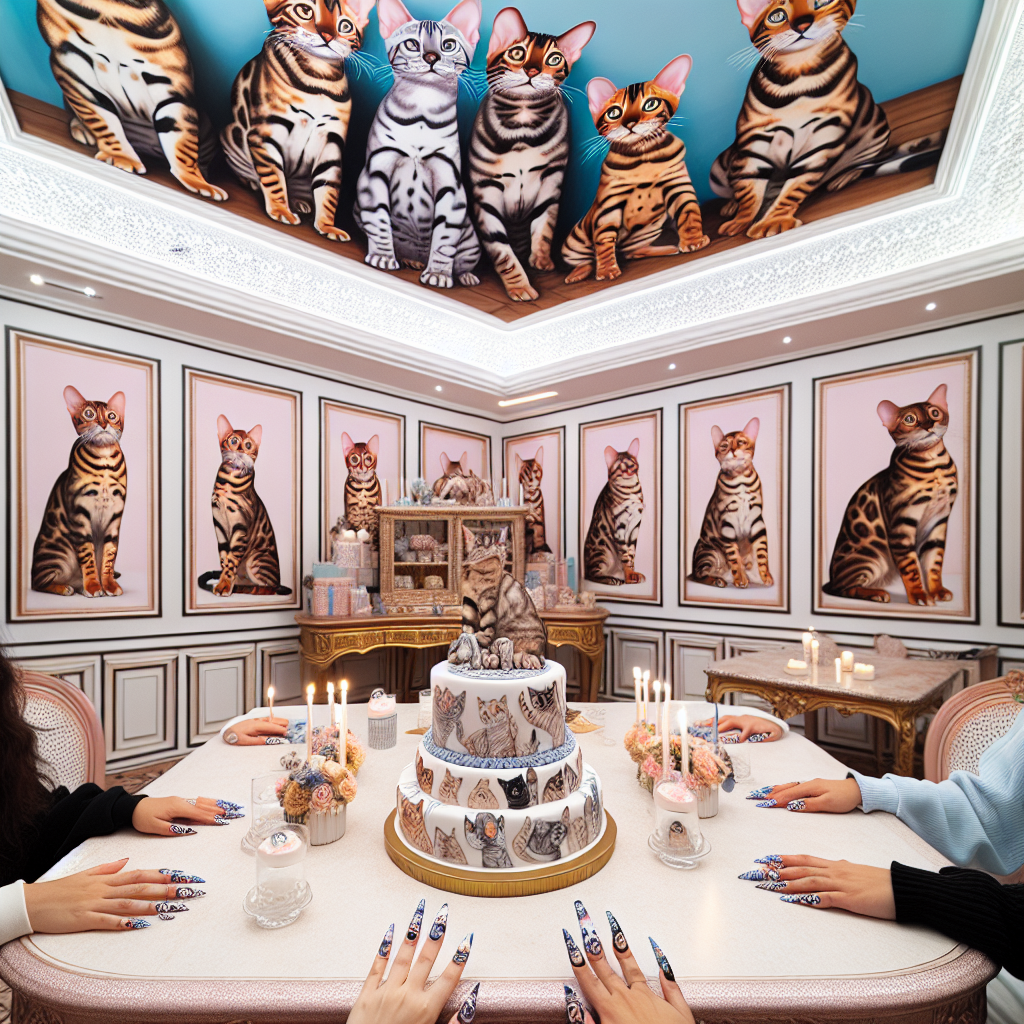 Visualize a joyous birthday scenario filled with an air of celebration and love for Bengal cats. The room is adorned with beautifully detailed art, showcasing majestic Bengals in various playful postures. Ceilings and walls are enhanced with this artwork, bringing together the unique theme of the party. A table in the center stage holds a gorgeously crafted birthday cake, where fondant artistry brings to life representations of these elegant cats. To top off, the guests, a mix of Hispanic women and Middle-Eastern men, feature beautifully painted nails depicting miniatures of the playful felines, further complementing the artistic birthday theme.
Generated with these themes: Bengal cats, art, nails .
Made with ❤️ by AI.