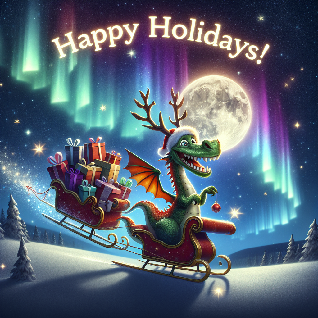 A charming illustration featuring a friendly dragon donning reindeer antlers, whimsically pulling a sleigh full of presents. The backdrop is a starry night sky with a full moon, and the dragon is pausing mid-flight to smile at the viewer. Across the starry sky, the Aurora Borealis shapes the greeting 'Happy Holidays!' with its vibrant, dancing colors.
Generated with these themes: DRAGON.
Made with ❤️ by AI.