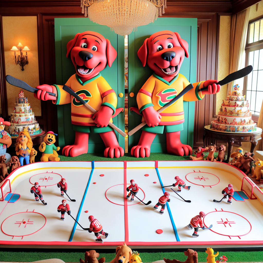 The festive ambiance reverberates with joy, with twin life-sized cutouts of vibrant red Labradors standing at the doorway, welcoming the guests in sports-themed attire. Each canine standee is outfitted in a cartoon-inspired hockey jersey, holding hockey sticks between their grinning jaws, symbolizing the host's passion for the game. Scattered around the room, a refined assortment of cartoon character collectibles adds charm to the decor, blended with hockey sticks and pucks for an amusing touch. The centerpiece is a phenomenal cake, illustrating a lively hockey field, with sugarmade Labradors playfully chasing a 'puck', all under the cheerful gaze of imaginative, animated characters.
Generated with these themes: Two Red labradors, Hockey, and Disney.
Made with ❤️ by AI.
