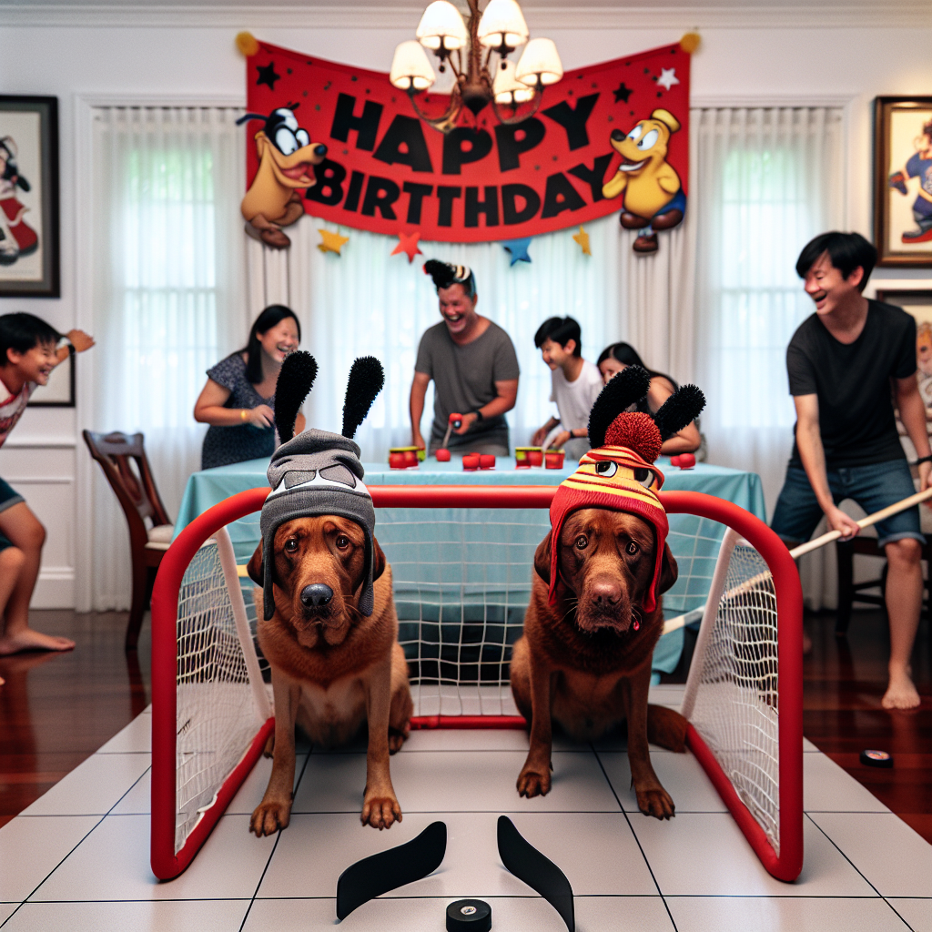 In the center of a room, an amusing birthday banner full of life hangs, showcasing two red Labradors wearing playful cartoon character hats - one wears a hat with dark, round ears, while the other has a tall hat with a distinctive bump at the top. Guests are seen laughing as they take turns in a friendly competition of shooting a puck into a small makeshift hockey net, their enjoyment enhances the festive atmosphere. The room is decorated with well-known animated scenes, reworked to involve hockey sticks, seamlessly integrating the birthday person's love for hockey and animation in a delightful and entertaining way.
Generated with these themes: Two Red labradors, Hockey, and Disney.
Made with ❤️ by AI.