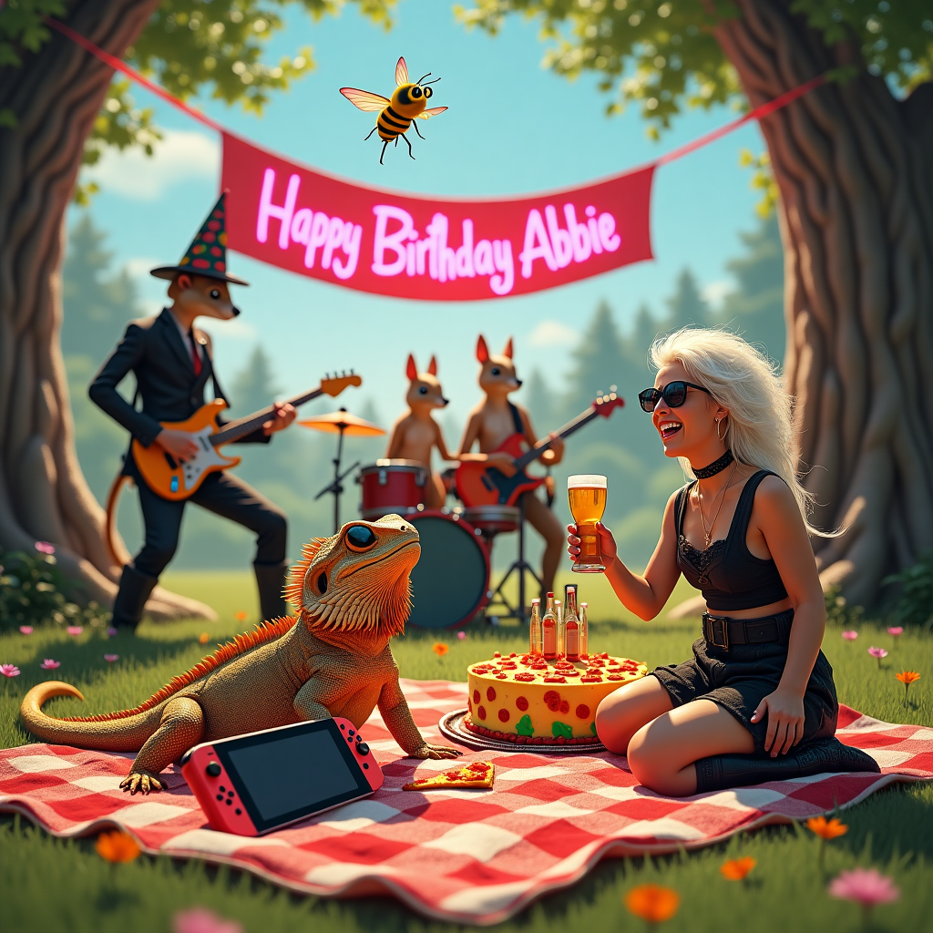 In the center of a sunlit meadow, a vibrant birthday scene unfolds, bursting with quirky elements and details. On a red-and-white checkered picnic blanket, a majestic bearded dragon lizard lounges casually, wearing tiny party sunglasses, with its tail playfully draped over a Nintendo Switch that rests beside a partially eaten pepperoni pizza slice. Hovering nearby, a swarm of cartoonishly plump bees buzzes energetically around a woman with striking white and black hair, clad in gothic attire—complete with a lace choker and combat boots—who raises a bottle of beer in a celebratory toast. Behind her, a rock band made up of mischievous squirrels plays makeshift instruments made from acorns and twigs, as their furry heads bob to an unheard rhythm. Draped across two trees is a banner reading, “Abbie’s Fantastic Place,” while a large birthday cake, iced in vibrant rainbow colors, proudly displays "Happy Birthday Abbie" in neon pink frosting letters on its top. A neon sign that reads "Marillion" flickers enthusiastically from a nearby rock formation, casting a soft glow over a mustard-colored blanket that serves as a backdrop for the entire whimsical gathering. This playful assembly is completed with scattered beer bottles glinting in the sun, as if they too are enjoying the unexpected harmony of this fantastical birthday picnic.
Generated with these themes: A bearded dragon lizard, Bees flying in the air, A woman with white and black hair in goth clothes, Pizza, A banner that reads 'Abbie's Fantastic Place', A rock band playing in the background , A Nintendo switch, A Birthday cake, A mustard blanket, A neon sign that reads 'Marillion' , A picnic, and Beer.
Made with ❤️ by AI.