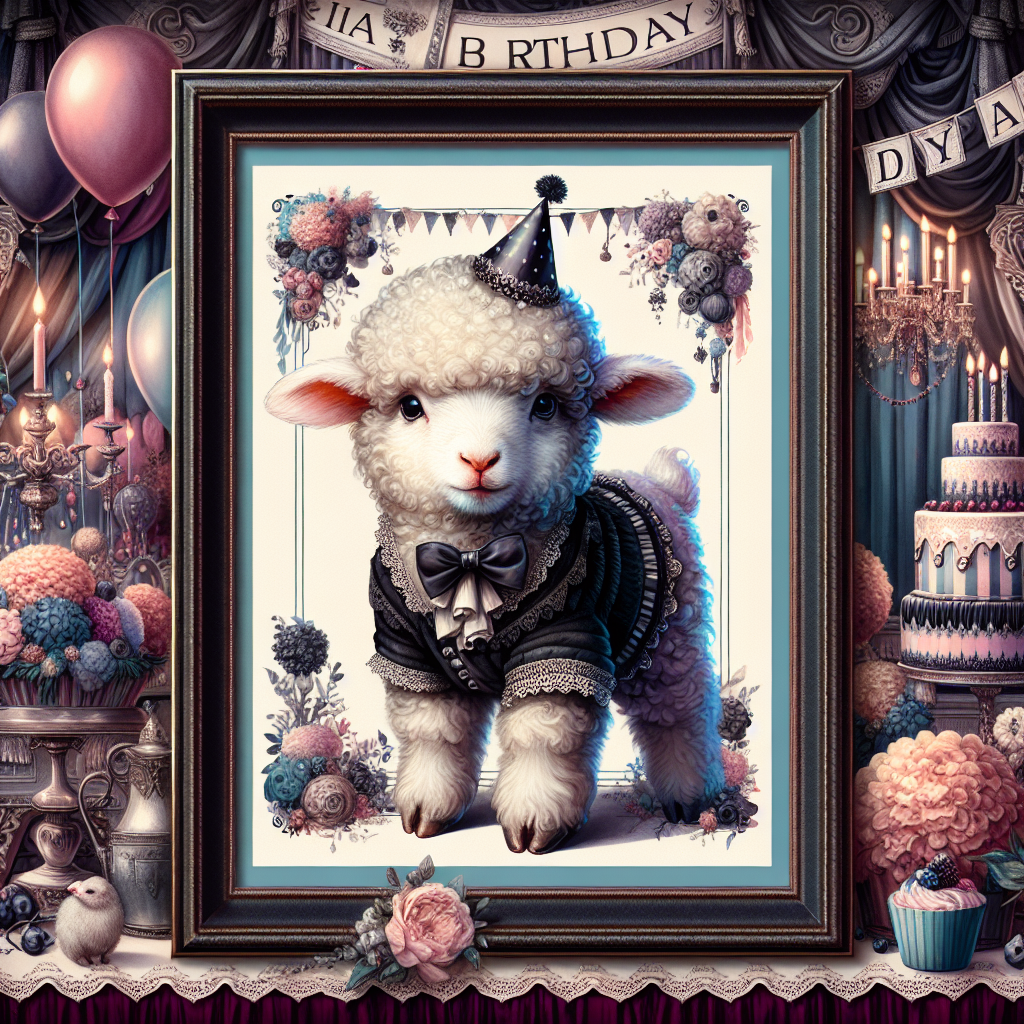 Illustrate a realistic, cute lamb at the center of a scene, dressed in attire that exudes a retro aesthetic. The lamb is posed in a manner that adds to the old-fashioned charm. This image is a fusion of a birthday theme, with decorations that echo the intricacy and dark colors often associated with gothic artistry. Imagine this scene as a playful take on the gothic genre, simultaneously preserving the solemn beauty of its traditional motifs. The color palette should be nuanced and sophisticated, effectively bridging the gap between the whimsical birthday theme and the more somber gothic undertones.
Generated with these themes: Gothic, and Retro lamb.
Made with ❤️ by AI.