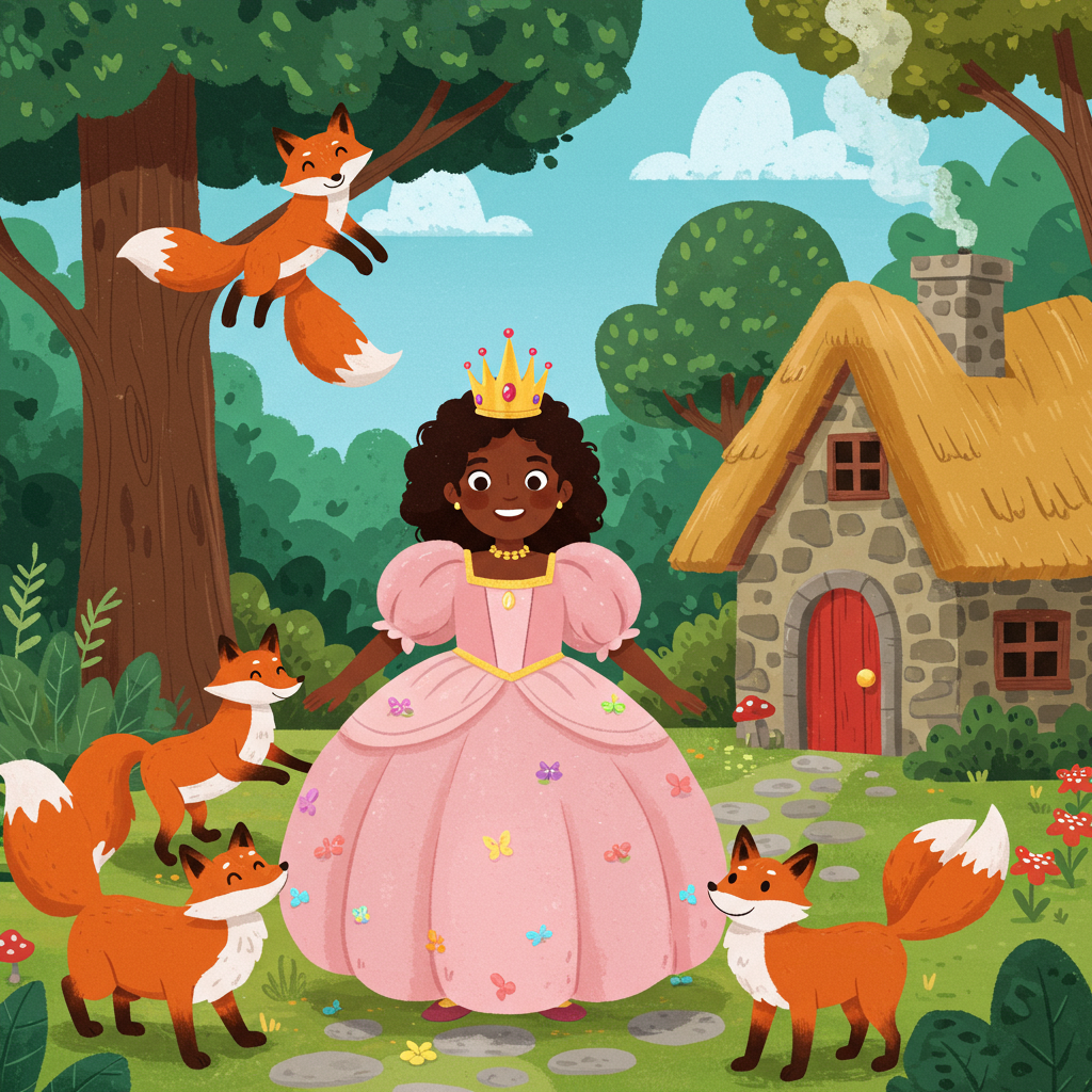 Front and center, a cheerful, brown-skinned princess stands with a bright, friendly smile. Her oversized, sparkling crown tips playfully to one side, featuring oversized, colorful gemstones that reflect the light in blues, reds, and greens. Her voluminous, exaggerated gown is a lively pastel pink, filled with layers of fabric that puff out like a giant, candy-floss cloud. Her sleeves are ballooned, and the skirt is adorned with tiny cartoon-style butterflies and flowers, each vibrantly colored.

To the right of the princess, a charming woodland cottage peeks out. The cottage is whimsically crooked, like something from a fairy tale. Its roof is thatched, with vibrant green moss clinging to the edges, and its walls are made from giant, playful stones that vary in size and shade from light to dark brown. A winding, cobblestone path leads from the cottage door, which is slightly ajar and painted a bright, inviting red. Small, cartoon-style puffs of smoke dance from the chimney, curling upwards.

Around the princess, five foxes with oversized, bushy tails gather. Each fox is a different shade of orange, ranging from deep russet to light tangerine, with exaggerated white-tipped ears and tails. Their eyes are large and mischievous, with one fox playfully perched on the princess’s gown, while another has its head cocked curiously to the side. One fox is depicted in mid-leap, its body arched dramatically above the cobblestone path.

The background is a lush, cartoon-style forest, filled with towering, exaggerated trees with twisted trunks and leaves in a spectrum of greens. Brightly colored mushrooms with spotted caps pop up around the base of the trees. The sky is a clear, cartoon blue, with oversized, fluffy clouds floating lazily above.

All these elements come together in a dynamic, colorful scene that captures the eye with its playful exaggeration and vibrant palette, perfect for a thank-you card that’s both whimsical and heartfelt.
Generated with these themes: Brown-skinned princess, Woodland cottage, and 5 foxes.
Made with ❤️ by AI.