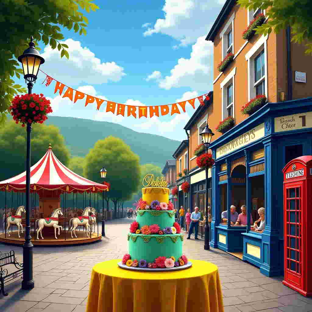The scene unfolds on the vibrant streets of Matlock Bath, capturing the lively essence of this Derbyshire town. The main focus is a bustling street lined with quaint Victorian-style buildings, their façades adorned with cheerful bunting in hues of red, blue, and yellow. 

On the right side of the street, a classic fish and chips shop features prominently, its sign a vivid mix of white and navy blue. A small group of people is visible through the shop's large window, savoring their meals at wooden tables.

In the center, a majestic birthday cake stands atop a bright yellow table set on the sidewalk, layered with frosting that mimics the rich, verdant green of the surrounding Peak District hills. The cake is garnished with an assortment of realistic-looking edible flowers in pinks, purples, and oranges. "Debbie" is elegantly piped in bold, golden icing across the top tier of the cake.

Overhead, the sky is a bright azure with fluffy white clouds dotted throughout. A vibrant banner stretches across the street, hanging between two lampposts adorned with hanging flower baskets overflowing with red geraniums. The banner features the playful text "Happy Birthday!" in bold letters with a small, whimsically drawn sun at each end.

To the left, a vintage merry-go-round is nestled near the entrance to the park, its horses painted in gleaming whites and golds, and the canopy striped in candy cane red and white. The background fades into a lush landscape, dotted with leafy trees in various shades of green, providing a picturesque backdrop to the bustling street.

The detailed cobblestone street adds a sense of depth, while a couple of classic red British phone boxes stand proudly near the corner, providing a quintessentially English touch to the scene.
Generated with these themes: Scene of derbyshre town matlock bath.
Made with ❤️ by AI.