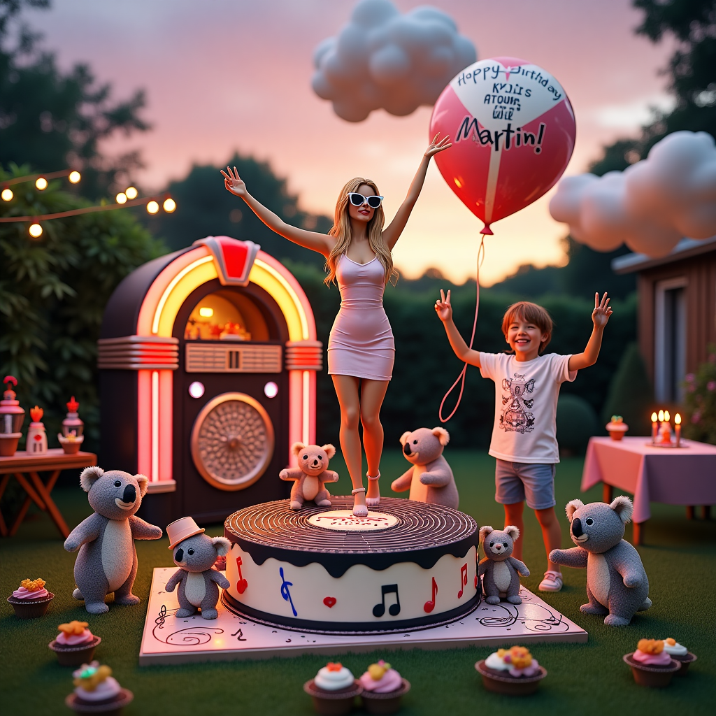 The scene is set in a whimsical backyard garden party, with a vibrant summer evening sky tinged with pink and orange hues. In the center, a life-sized statue of Kylie Minogue stands triumphantly on a large cake shaped like a vinyl record. The cake has intricate musical notes piped in icing around its edge, with the words “Happy Birthday, Martin!” prominently spelled out in decorative candy letters across the top of the record. Around the statue, a group of plush koalas, each wearing a tiny fedora and sunglasses, are dancing on a miniature disco floor that’s been set up beside the cake. In the background, there's a towering jukebox that’s designed to look like a jukebox from the 80s, complete with bright neon lights that spell out “Kylie’s Hits.” A giant balloon shaped like a microphone floats overhead, with a long ribbon that trails down into Martin's hand, who stands joyfully amidst the celebration, wearing a T-shirt that reads "Spinning Around with Martin." Above the scene, fluffy clouds are whimsically arranged to form the shape of Martin’s name, “Martin,” as if painted by an unseen sky artist. Scattered on tables nearby are records with illustrated covers of Kylie's iconic albums, surrounded by cheerful guests holding cupcakes adorned with tiny Australian flags. This playful and celebratory scene captures a musical tribute that joyfully combines Kylie Minogue’s vibrant energy with a heartfelt birthday celebration for Martin.
Generated with these themes: Kylie Minogue.
Made with ❤️ by AI.