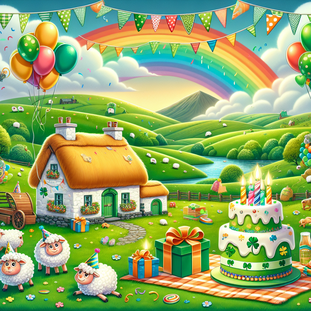 Create an image representing a whimsical birthday scene set in the rolling green hills of Ireland. The landscape should feature a charming, thatched-roof cottage adorned with colorful birthday banners and balloons. In the nearby pastures, there should be playful sheep wearing party hats. Over the entire scene, there should be a rainbow ending in a pot of gold. In the foreground, there should be a birthday cake decorated with shamrocks and an Irish flag placed upon a picnic blanket, surrounded by gifts wrapped in the colors of Ireland: green, white, and orange.
Generated with these themes: Ireland.
Made with ❤️ by AI.