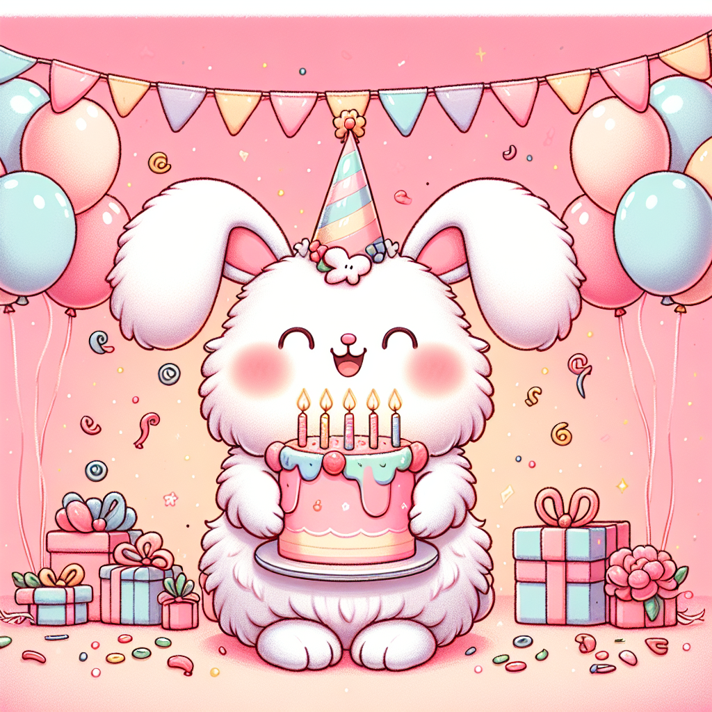 Create a whimsical and cheerful scene enveloped in shades of pastel pink that sets a soft mood for a birthday celebration. At the center of the image, depict a happy, fluffy cartoon bunny holding a brightly colored birthday cake topped with candles. The bunny is wearing a playful party hat, conveying a sense of fun and youthfulness. Surround the bunny with festive details such as balloons and confetti to enhance the celebratory ambiance. The overall style should be childlike to emphasize the youthful theme of the celebration.
Generated with these themes: Pink, and Bunny.
Made with ❤️ by AI.