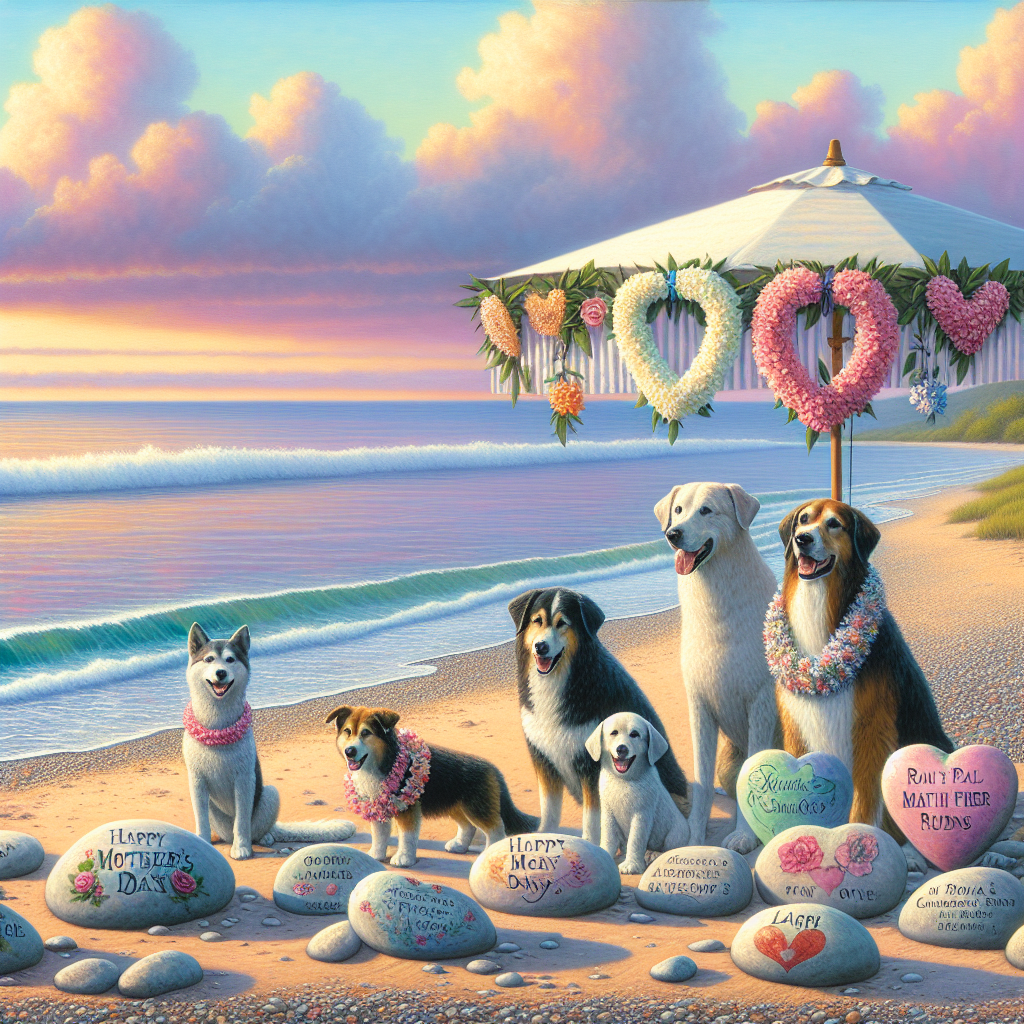 Image of a tranquil beach setting with the soft crash of waves onto a pebbled shore. Present is a family of dogs of differing sizes and breeds meandering along the sand, the smallest of their number wearing a small floral lei as a celebration of Mother's Day. Underneath a wide beach umbrella, a group of rocks that have been adorned with hand-made paintings and messages of thanks and adoration create a heart-like pattern. At the far end of the image, a multicolored sky in shades of pastel embraces the placid waters of the ocean, encapsulating an ambiance of serenity on a Mother's Day spent at this picturesque locale.
Generated with these themes: Dogs, and Seaside .
Made with ❤️ by AI.