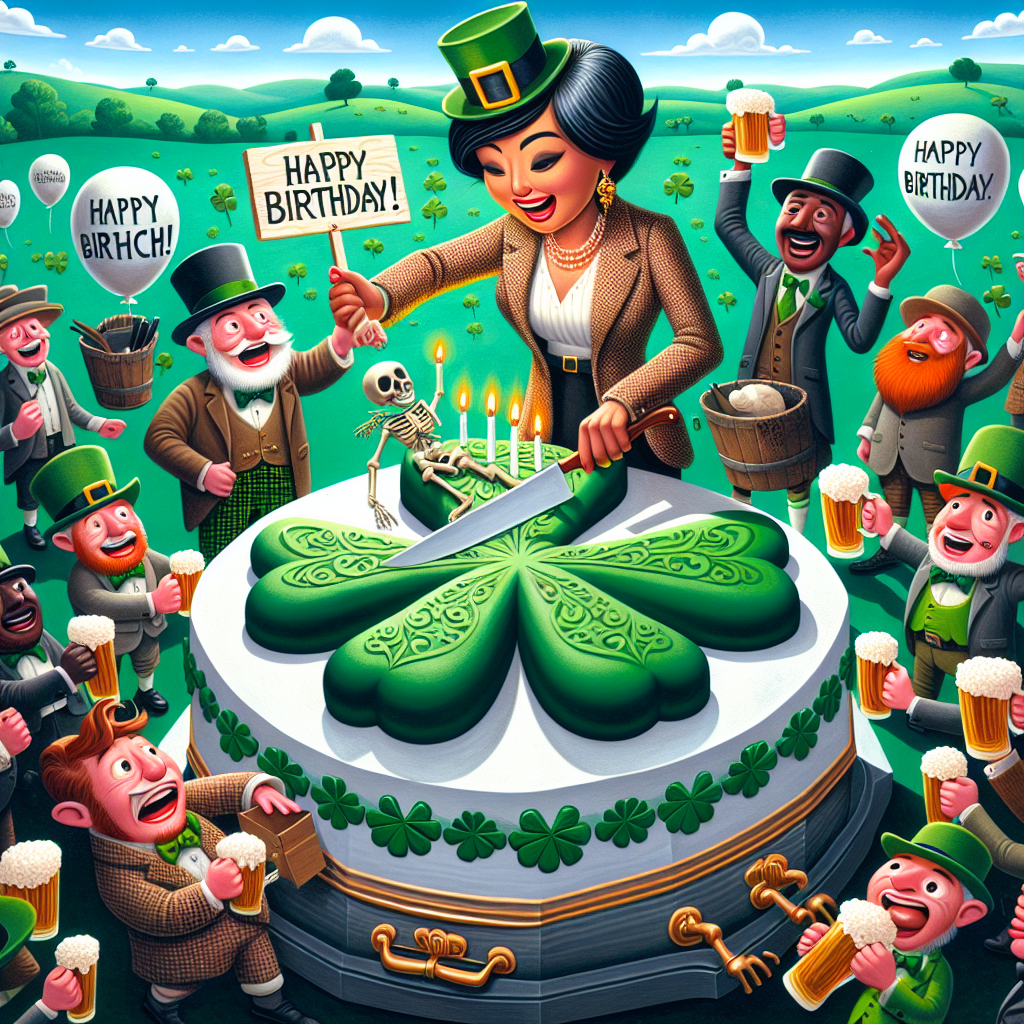 An imaginative and humorous cartoon scene inspired by Irish folklore, with an expansive emerald-green three-leaf clover as a backdrop. Hold your attention to the center where a joyful South Asian female funeral director, sporting a classic tweed suit and a festive birthday cap, slices into a creatively designed cake that takes the shape of a coffin. In an unexpected twist, a skeleton pops out, amusingly juggling a 'Happy Birthday' sign. Surrounding her are lively leprechauns of different gender and descent such as Black, Hispanic, and Middle-Eastern, engaging in a merry dance while raising their mugs filled with effervescent beer. To round off this unique birthday celebration, balloons carrying comical epitaphs peacefully waft overhead, adding a quirky yet charming vibe to the overall ambiance.
Generated with these themes: Irish, Shamrock, Funeral director, and Birthday.
Made with ❤️ by AI.