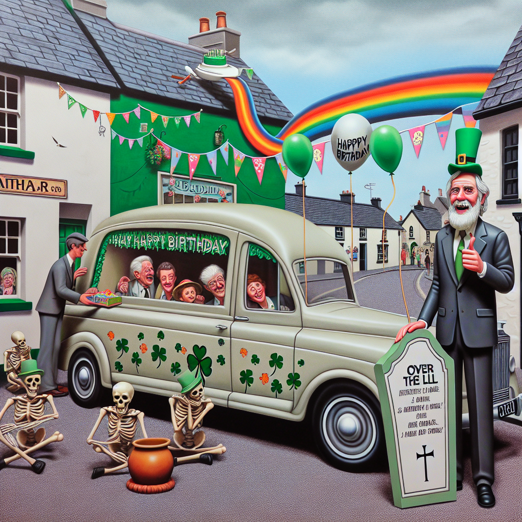 A depiction of an amusing scene in a charming Irish village. In focus, a Caucasian male funeral director positioned next to a hearse painted with birthday streamers and shamrocks. The man has a hearty laugh, holding a headstone-shaped balloon with the phrase ‘Over the Hill!’ written on it. He is distributing birthday invitations to diverse passersby, with a rainbow above ending at a pot filled with birthday presents. Adding to this unusual scene, there are playful skeletons adorned in green top hats. They animate the scene with their festive jig dance around the funeral director.
Generated with these themes: Irish, Shamrock, Funeral director, and Birthday.
Made with ❤️ by AI.