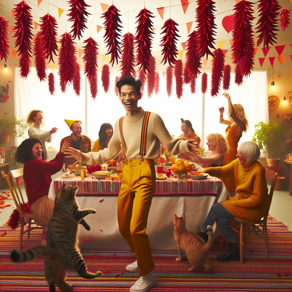 Envision a lively, unique birthday party environment. The room is filled with unconventional decorations, such as bundles of red hot chili peppers hung like festive bunting, contributing to a spicy and jocular ambiance. A standout attendee, of South Asian descent and identifying as non-binary, is touting mustard-colored trousers and sporting a lively grin. Frolicking between the guests, a ginger feline and a striped tabby engage in a playful pursuit. Their antics, while amusing, lend an authentic, homely touch to the festive atmosphere.
Generated with these themes: Red hot chilli peppers, Mustard trousers, Ginger cat, and Tabby cat.
Made with ❤️ by AI.