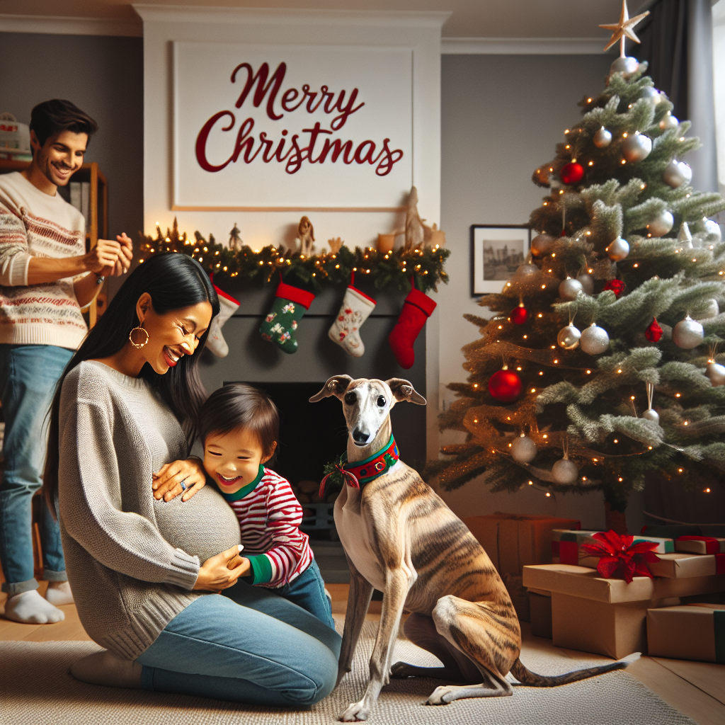 Mum pregnant , Daughter age 2 , Whippet, and Husband Christmas Card
