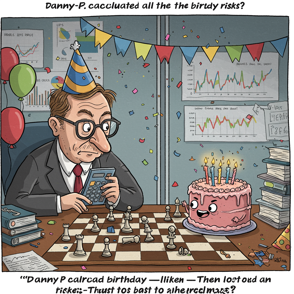 At the top of the cartoon image:  
*"Danny P calculated all the birthday risks—then lost to a cake in checkmate!"*

**Image Prompt:**  
A cartoon-style illustration of an overly serious actuary—glasses, visor, pocket calculator, and piles of actuarial charts—intensely focused on a chess match. Opposite him sits a cheeky, smug-looking birthday cake (complete with candle eyes and icing grin) as his opponent. The chessboard is mid-game, but it’s obvious the cake is winning. One of the cake's pawns is a tiny balloon. A party hat lies on the actuary’s head, but it’s askew like he's forgotten it’s a party. In the background, office walls covered in life expectancy graphs and birthday streamers clashing hilariously. Confetti falling in slow motion adds dramatic flair.
Generated with these themes: Actuary playing chess, and .
Made with ❤️ by AI.