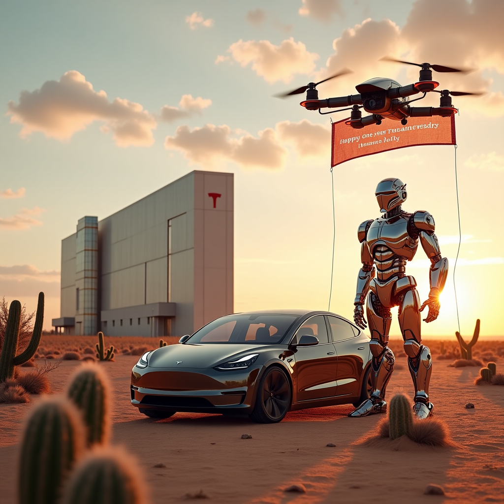 Optimus, Tesla, Model Y, Texas, GigaFactory, Tesla Robot, and Self Driving Anniversary Card