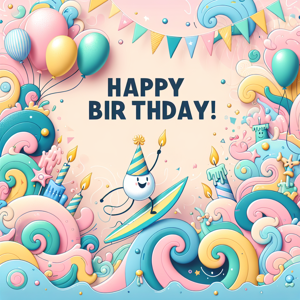 Design an abstract pastel backdrop imbued with whimsical swirls and playful geometric shapes, manifesting a dreamy ambiance. In its midst, invent a charming cartoon character surfing on an exuberantly colored surfboard, embellished with festive birthday symbols including balloons, candles, and confetti. Buff up the surfing theme by including delightful sea creatures donning party hats, all arranged underneath a banner displaying 'Happy Birthday!' in an exuberant, bubbly font.
Generated with these themes: Surfing.
Made with ❤️ by AI.