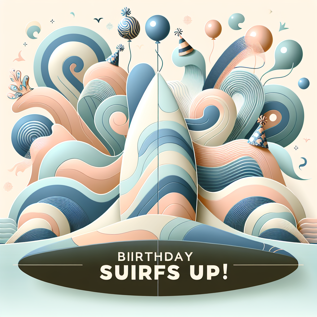 Create a visually calming image containing a minimalist abstract design with soft-colored waves and subdues splashes of different shades. In the background, there should be an acknowledgement of a birthday theme in a serene and peaceful manner. A glossy, stylized surfboard with abstract patterns that represent elements of the ocean and the celebration of a birthday should be in the middle. The statement 'Birthday Surfs Up!' is prominently displayed in an airy, up-to-date typeface. To add an element of playful eccentricity, integrate an assortment of sea animals, each wearing a birthday hat, into the surfing tableau.
Generated with these themes: Surfing.
Made with ❤️ by AI.