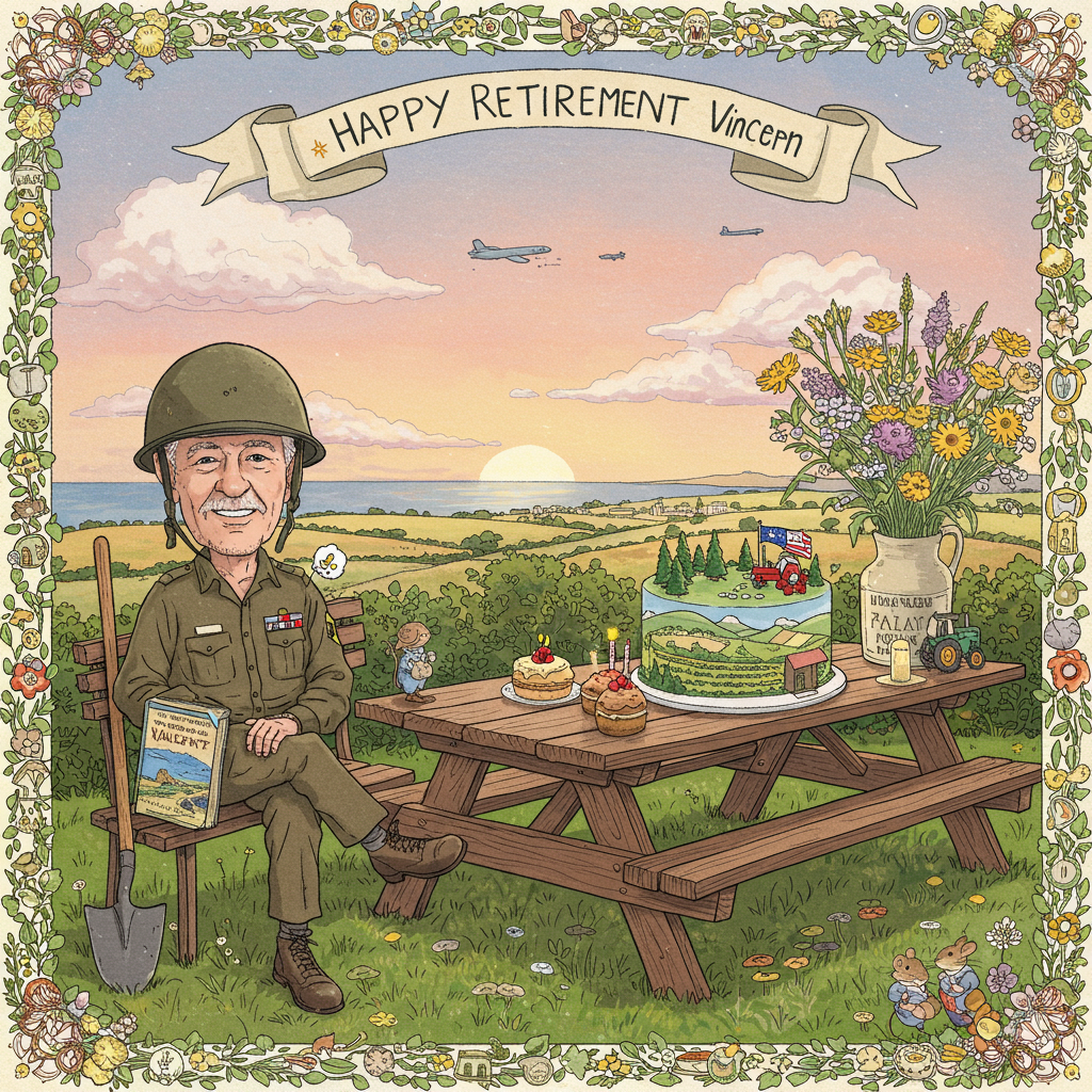 In the foreground of the greeting card, there's a hand-drawn illustration of a whimsical garden party set amidst a lush landscape. At the center, a large wooden picnic table is adorned with a vibrant bouquet of Maltese wildflowers, including Maltese everlasting and a few sprigs of fennel. A decorative cake sits prominently, styled with icing that mimics a scenic landscape—verdant hills, a tiny tractor, and a row of evergreen trees, representing Vincent's landscape business. The cake also features a miniature American flag made of marzipan, subtly acknowledging his current life in the USA.

Hanging above the table, a whimsical banner flutters in the breeze, crafted to resemble a vintage Maltese tapestry. In bold, elegant script, it reads, "Happy Retirement Vincent," the letters intertwined with tiny illustrations of Maltese crosses and olive branches.

To the left, an intricate drawing of Vincent as a caricature is seated on a wooden bench. He wears a vintage army helmet with a tiny, humorous flower tucked into the strap, a nod to his service as a Vietnam veteran. Next to him rests an open book titled "The Chronicles of Malta," featuring detailed illustrations of the Maltese coastline, with azure waters and rocky outcrops. His trusty garden spade leans against the bench, its handle wrapped in red, white, and blue ribbon.

In the background, a picturesque countryside scene unfolds, influenced by Maxfield Parrish's luminous skies. The sky is a blend of pastel pinks and purples, transitioning into a warm golden hue as it meets the horizon. Wisps of cotton candy clouds lazily drift across, and a silhouette of a plane soars high above, representing his life's journey.

Framing the scene, a border of delicate illustrations inspired by Beatrix Potter's work includes small creatures—mice with tiny gardening hats, rabbits peeking from behind potted plants, and birds perched on the banner's edge, bringing a touch of enchantment and storytelling to the overall design.
Generated with these themes: Born in Malta, Vietnam veteran, Landscape business owner, living in USA.
Made with ❤️ by AI.