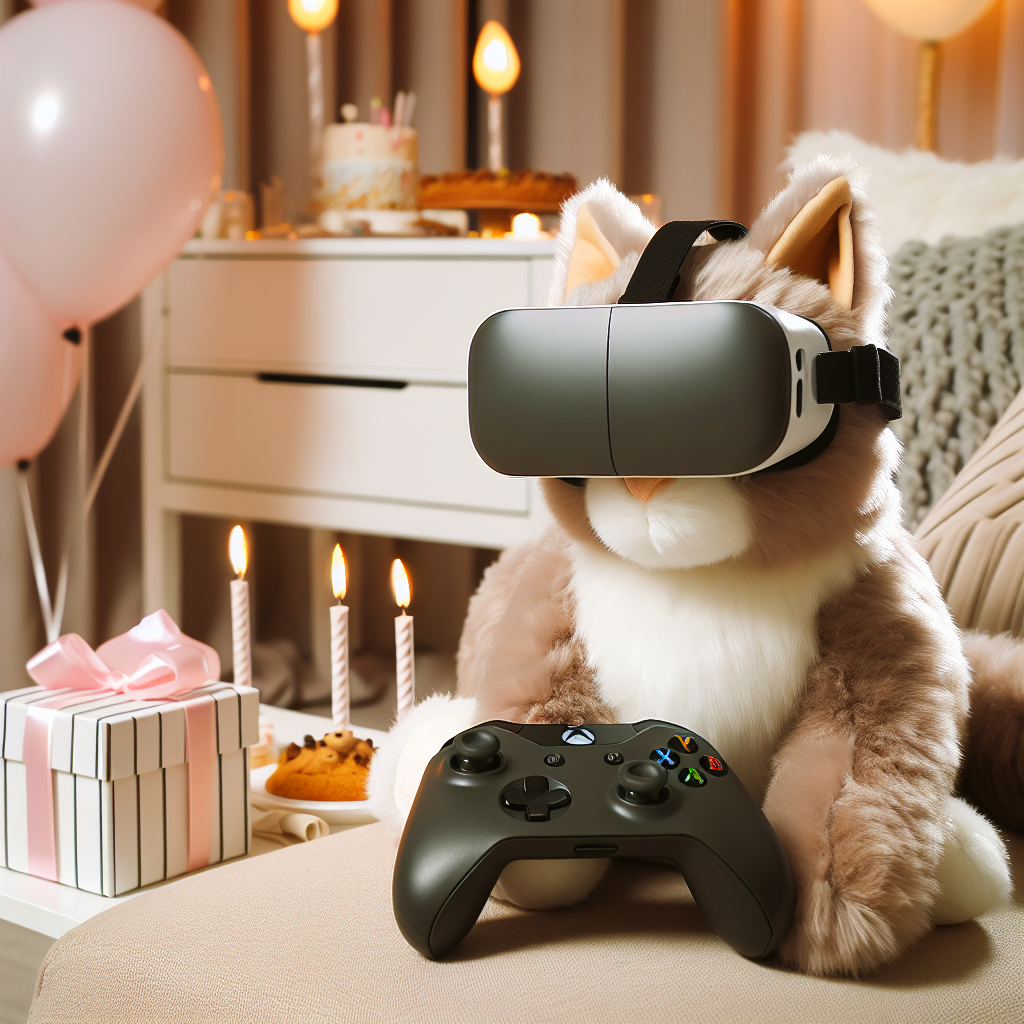 Picture a snug and festive birthday environment. A lifelike, plush cat with perked ears is sporting a miniature Virtual Reality headset and sits next to an Xbox-like gaming controller. The intimate room resonates with a soft thrill, beautifully highlighted by subtle birthday decorations, and a Virtual Reality gaming zone prepared for visitors. You can almost feel the inviting warmth of the gathering, with whimsical elements accentuating the combination of cute feline charisma and engaging, contemporary gaming.
Generated with these themes: Cats xbox vr.
Made with ❤️ by AI.