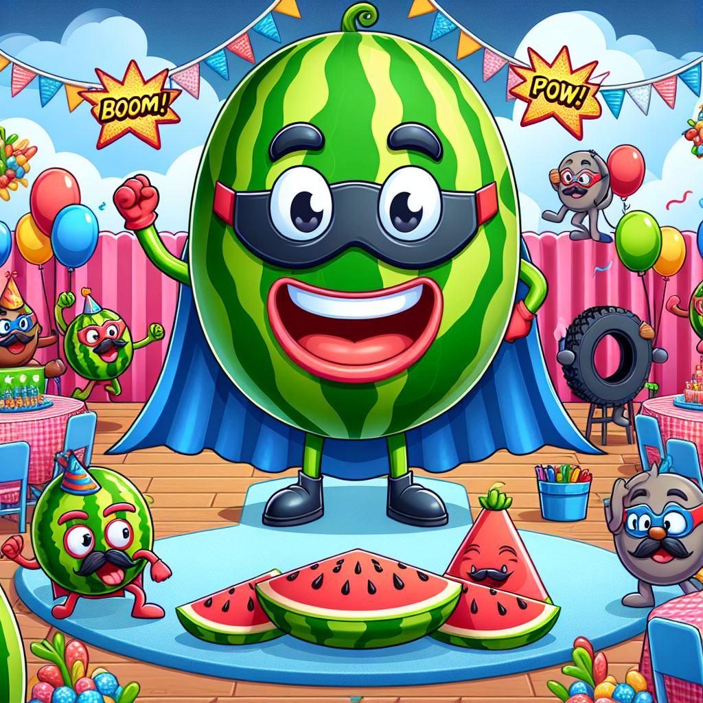 Create a scene representing a merry Father's Day celebration in a vibrant cartoon environment. The central host of the event is a jubilant animated watermelon wearing a superhero mask exhibiting a vibe of pure joy. Replace the named cartoon characters with a group of different imaginary cartoon animals, each endowed with a small hero's cape, busily involved in setting up party decorations. A large inflatable figure bearing resemblance to a tire with a superhero cape and a mask, stands as an unusual centerpiece. Above them, bunting and streamers strewn around carry comic-book style expressions like 'Boom!' and 'Pow!' to adhere to the playful superhero theme.
Generated with these themes: Melon, Paw patrol , Tyre man, and Superhero .
Made with ❤️ by AI.