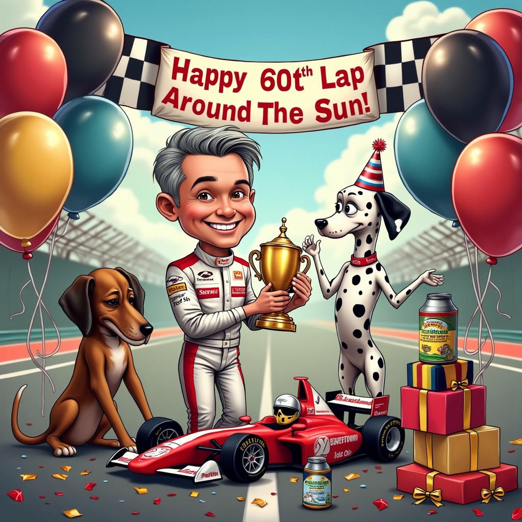 A vibrant cartoon scene for a 60th birthday celebration. Centered is a jolly male character with touches of grey in his hair, reflecting the age of 60, wearing a racing suit emblazoned with a Formula 1 logo and holding a large trophy. On his right, a playful Dalmatian with distinct black spots is wearing a party hat and standing on its hind legs, as if offering paw congratulations. To the left, a Long Eared Black and Tan Coonhound is depicted with exaggerated long ears draped over a stack of colorful gift boxes. The background reveals a racetrack festooned with streamers and balloons in black, silver, and white - the colors of a checkered flag. A banner overhead reads 'Happy 60th Lap Around The Sun!' Among the various birthday paraphernalia, cans of Beavertown Neck Oil are artistically integrated; some cans act as balloon weights, while others are playfully stacked like a pyramid beside a cake shaped like a race car.
Generated with these themes: 60th birthday male, Dalmatian , Long Eared Black and Tan coon hound, Formula 1, and Beavertown neck oil.
Made with ❤️ by AI.