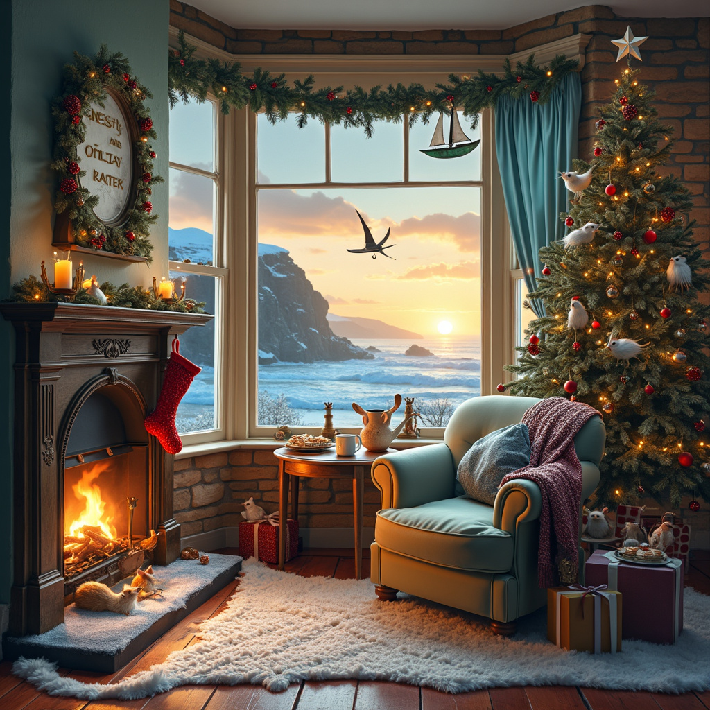 Picture a cozy, quaint Cornish cottage perched on a cliffside overlooking a serene seaview, all bathed in the golden glow of a setting winter sun. The cottage's stone walls are covered in a dusting of snow, and smoke curls lazily from the chimney. Through the large bay window, you can see a festive scene inside: a roaring fireplace with stockings hung and crackling logs casting a warm glow around the room.

Inside, the scene is bustling with quirky details. By the fireside, a large, plush armchair with a knitted blanket draped over it invites you to sit down. Beside it, an antique wooden coffee table is adorned with a spread of mince pies, a teapot, and two steaming mugs of cocoa. On the opposite side, a Christmas tree stands tall, decked out with an assortment of ornaments, including miniature lighthouses and boats, nodding to the seaside theme.

In front of the fire, there’s an old-fashioned TV set with rabbit ear antennas, showing a classic Christmas movie. But instead of characters on the screen, it’s a live scene of Santa surfing a wave, with reindeers waiting on surfboards behind him, a playful twist that brings together the TV and seaview themes.

To include "Jeff and Sue," the name is ingeniously woven into the scene: above the fireplace, a wooden mantelpiece displays a garland of pinecones and holly, with the letters of their names crafted out of driftwood collected from the Cornwall coast, artfully arranged to spell out "Jeff and Sue." Additionally, peeking through the bay window, you can see a sailboat on the horizon with a festive banner trailing behind it, also spelling out "Jeff and Sue."

The room is filled with little touches of holiday cheer: a stack of wrapped presents with nautical-themed wrapping paper, a knitted stocking with a pattern of seagulls and shells, and a family of mice dressed in Victorian attire gathered around a miniature fireplace in the corner, paying homage to Beatrix Potter’s whimsical creatures. Every detail in the room tells a story, combining the themes of TV, seaview, fireside, Cornwall, and cosiness into one harmonious and festive Christmas scene.
Generated with these themes: TV, Seaview, Fireside, Cornwall , and Cosiness.
Made with ❤️ by AI.