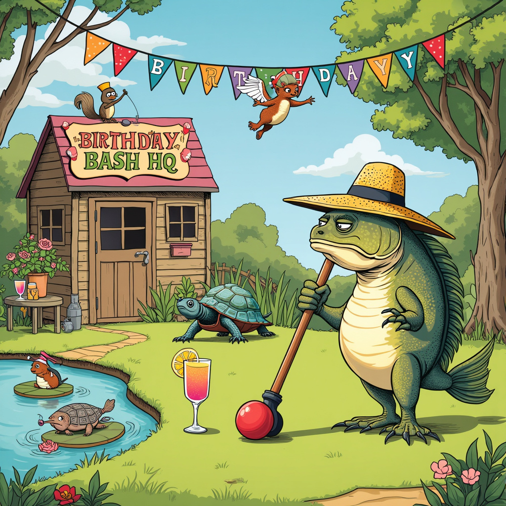 Alright, let's dive into this quirky birthday scene!

The front cover of the birthday greeting card is an eclectic and bustling scene set in a whimsical garden, with a bright and playful color palette reminiscent of a Bill Watterson comic strip, but with the detailed charm of Hergé's Tintin.

In the foreground, there’s a circular croquet lawn, with vibrant green grass and colorful wickets. A comically serious trout fish wearing a straw hat is in mid-swing with a croquet mallet, aiming at a bright red ball. The fish is anthropomorphized with expressive eyes and a determined look. Next to him, there’s a tall glass of gin with a lemon slice perched on the rim, resting on a small side table.

To the left of the croquet lawn, there’s a lively pond filled with other trout fish. One fish is lounging on a floating lily pad, sipping a cocktail glass filled with wine, complete with a tiny umbrella. Another fish is hilariously tangled in a fishing line, struggling to get free, while holding onto a small fishing rod.

In the background, there’s a rustic wooden garden shed with a large sign that reads "Birthday Bash HQ" in colorful, bold letters. Surrounding the shed are various garden tools, including a pair of gloves and a watering can that appears to be dancing, inspired by the whimsical animation style of Walt Disney.

Near the shed, a wise-looking tortoise, resembling a character from an Osamu Tezuka manga, is patiently pruning a rose bush with tiny garden shears. The tortoise is wearing small, round spectacles and a straw hat, adding to its scholarly appearance.

Above, the sky is a clear blue with fluffy white clouds, and a cheeky squirrel is leaping from a tree branch, holding a string of colorful birthday bunting that drapes across the top of the scene. Birds, resembling characters from Charles Schulz’s Peanuts, are perched on the bunting, chirping in celebration.

Every corner of the scene is bustling with humorous details – a gnome reading a gardening book, a butterfly sipping on a mini gin martini, and a rabbit peeking out from behind a bush with a birthday present.

This quirky and vibrant tableau tells a delightful story of a unique birthday celebration where nature and garden creatures come together for a day filled with trout fishing, gin and wine, croquet, and gardening. The overall scene is packed with playful details and characters, making it a perfect, laugh-out-loud birthday card cover.
Generated with these themes: Trout fishing, Gin, Wine, Croquet, and Gardening.
Made with ❤️ by AI.