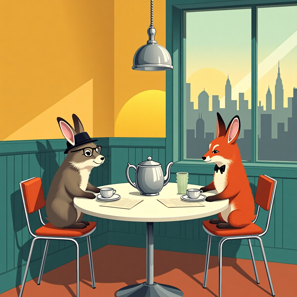 The scene is set in a retro minimalist dining room, reminiscent of a mid-century modern restaurant. The walls are adorned with geometric patterns in two bold colors: a warm mustard yellow and a rich teal blue. In the center of the scene, there's a round, vintage-style table with chrome legs and a white laminate top, evoking the charm of a 1950s diner. 

Seated around the table are anthropomorphic animals, inspired by Beatrix Potter but with a quirky, edgy twist. A rabbit in a tiny bowler hat and a hedgehog wearing glasses are engaged in animated conversation, as a fox with a dapper bow tie pours tea from an ornate silver teapot. The tea set, in a sleek Art Deco style, reflects the elegant simplicity of the scene.

Hanging from the ceiling is a minimalist light fixture, shaped like an oversized, stylized spoon and fork crossed in an 'X', casting playful shadows on the table below. On the table are minimalist menus, each featuring a single, elegant line drawing of a dish. In a creative twist, the name of the recipient, "the menus," is subtly incorporated into the pattern of the tablecloth, which is woven with a repeating motif of dining-related illustrations—tiny forks, knives, and plates—that collectively spell out the words. 

In the background, a large window frames a cityscape silhouette, its skyline reduced to clean lines and flat color blocks, giving the entire scene a charming book cover feel. Outside the window, the sun sets, casting long shadows that play across the room, hinting at the end of a delightful day and the many thanks shared within this whimsical gathering.
Generated with these themes: retro minimalist book cover about restaurants arty edgy 2 colours.
Made with ❤️ by AI.