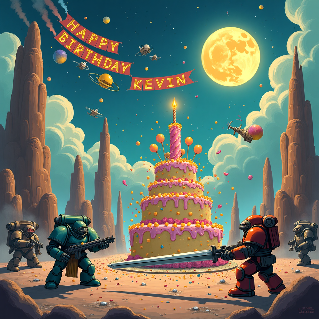 In this whimsical and fantastical birthday scene, imagine an alien landscape inspired by Warhammer 40k, with towering, rocky spires that pierce an alien sky swirled with colorful cosmic clouds. In the foreground, a group of comically proportioned Space Marines, decked out in their iconic bulky armor, are engaging in a mock battle with confetti guns, rather than their usual armaments. One Marine is humorously tangled in brightly colored streamers, while another tries to fend off a playful onslaught of balloons launched from a miniature siege engine. Nestled among the spires in the background, there's a colossal birthday cake, intricately decorated with frosting that's formed into the shapes of planets and starships, atop which is a towering candle shaped like a chainsword. Above the scene, a flotilla of small, cartoonish spacecraft are trailing banners that flutter in the breeze, spelling out "Happy Birthday Kevin!" in large, vibrant letters. The spaces between the letters are filled with tiny, cheeky cherubs, akin to those in Beardsley's illustrations, blowing trumpets in celebration. The sky is a tapestry of stars, and an oversized moon resembles a laughing, jolly face reminiscent of Norman Rockwell’s warmth, casting a gentle glow over the scene. This delightful mix of epic and silly details creates a joyful narrative that captures the essence of a birthday battle, tailor-made for Kevin.
Generated with these themes: Warhammer 40k, and Space marines.
Made with ❤️ by AI.