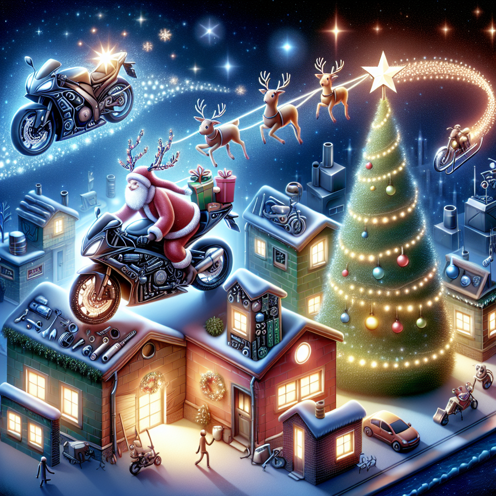 A festive Christmas village where every building is shaped like parts of a Ducati motorbike. The town's Christmas tree is adorned with glowing headlights for ornaments, and the star on top is a Ducati logo. Santa's sleigh has been upgraded to a sleek Ducati motorcycle, with reindeer donning racing helmets as they take off into a swirling, starry sky.
Generated with these themes: ducati.
Made with ❤️ by AI.