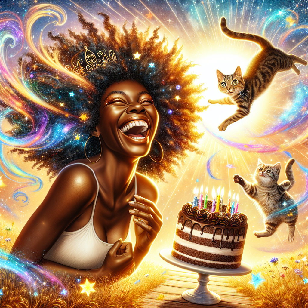 Depict an energetic Black woman with cheerful laughter and curly hair, wearing a crown. She is joyfully dancing next to a magical birthday cake, designed with chocolate layers spiraling into the sky. A tabby cat, playful and curious, is peeping from a burst of radiant sunshine that fills the scene with a golden glow, hinting of a tranquil, holiday afternoon. The joyous laughter has left colorful, swirling impressions all around her, her eyes shimmering with mischief, as though she has just shared an intimate joke with the cosmos. Wispy puffs of smoke drift through the air, implying a sense of ethereal delight and the delicate suggestion that she might be levitating in this moment of absolute birthday joy.
Generated with these themes: Tabby cat, Black woman, Curly hair, Chocolate, Birthday cake, Sunshine, Vacaction, Smoking, High, Laughing, and Birthday.
Made with ❤️ by AI.