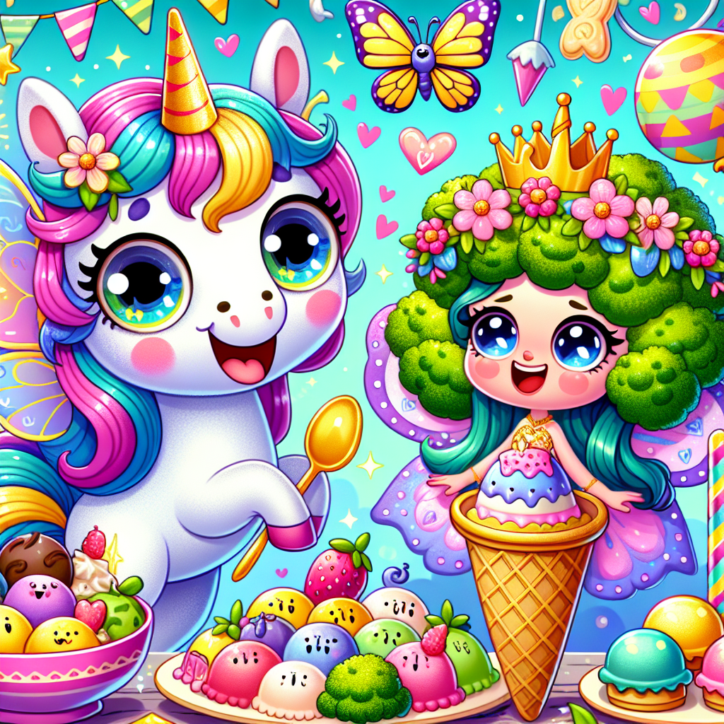 In a vibrant and delightful cartoon setting, a charming butterfly with oversized adorable eyes flutters over a mystical unicorn adorned with a party horn. Nearby, a variety of vividly colored ice cream cones stands prominently. A cartoon princess of Middle-Eastern descent with a floral crown on her head laughs wholeheartedly as she presents a dish of imaginative broccoli pasta. This heartwarming scene completes a unique mix of birthday joy and whimsy.
Generated with these themes: Butterfly, Unicorn , Ice-cream, Princess, and Broccoli pasta.
Made with ❤️ by AI.