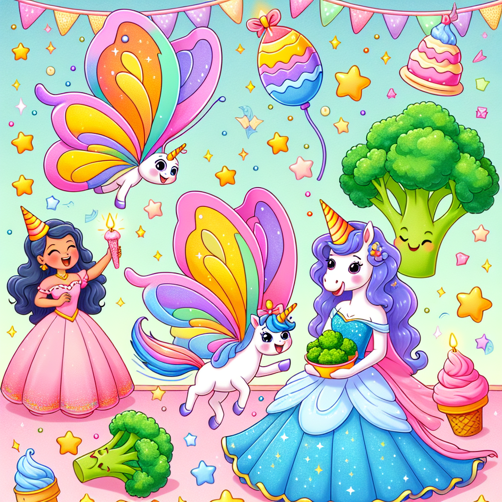 Depict a whimsical birthday celebration set against a pastel-colored cartoon-style backdrop. In the center of the scene, present a brilliantly colored butterfly floating amidst glittering stars. To the right of the butterfly, portray a jovial unicorn donned with a birthday hat, its gait suggesting a prance. Around this focal point, imagine pastel-shaded scoops of ice cream scattered haphazardly. Include a jovial princess character of South Asian descent holding a bowl of broccoli pasta, delivering an odd yet charming touch to the festive scene.
Generated with these themes: Butterfly, Unicorn , Ice-cream, Princess, and Broccoli pasta.
Made with ❤️ by AI.