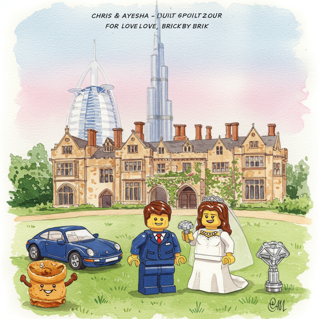 Lego-style, thicket priory (yorkshire), burj khalifa, lego groom (brown hair), lego bride (brown hair), navy porsche, fashion, yorkshire pudding standing on lawn, rolex on groom's wrist, big engagement ring on bride, and Wedding Card